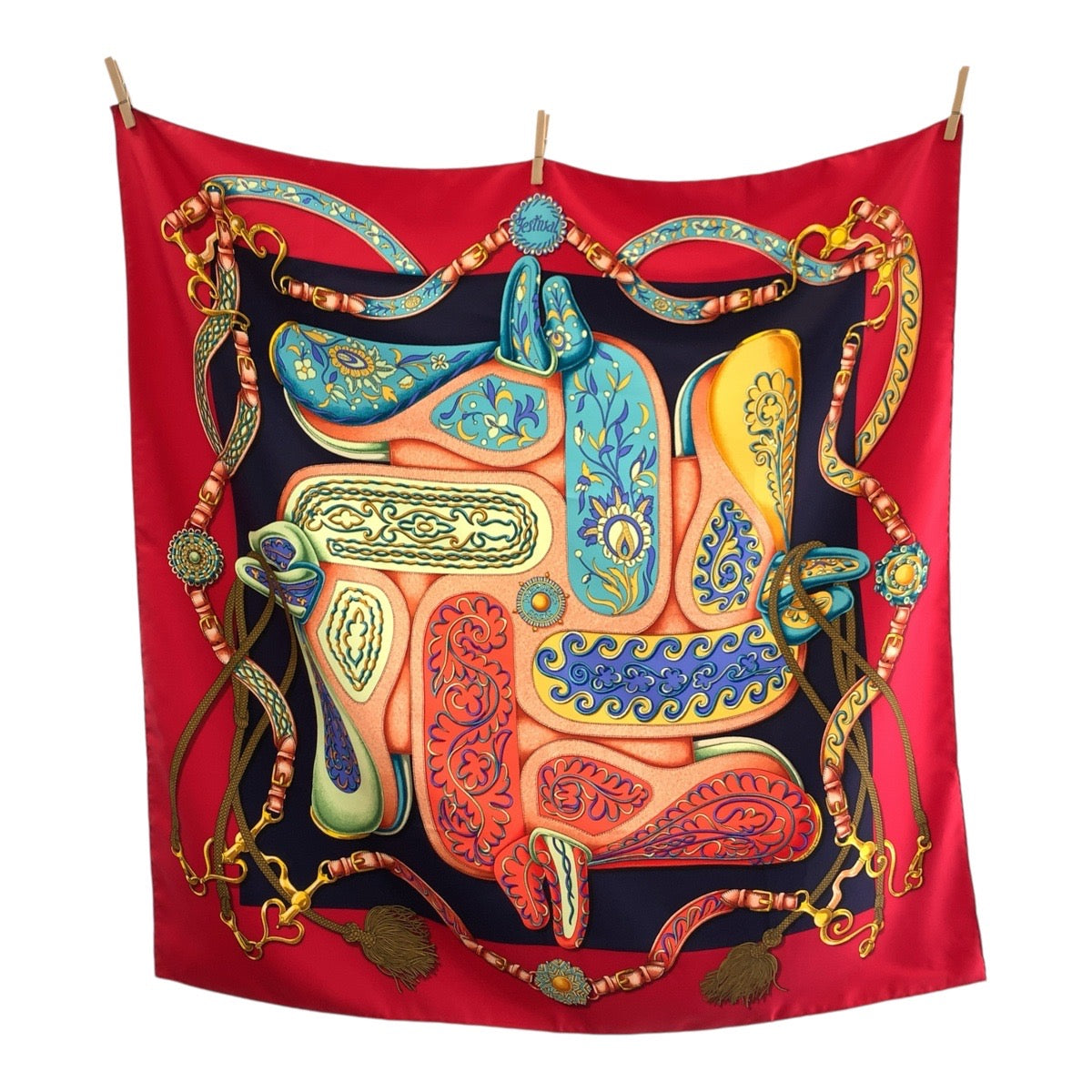 HERMES scarf silk Red multicolor Scarf Large Scarf Festival Carre90 Women