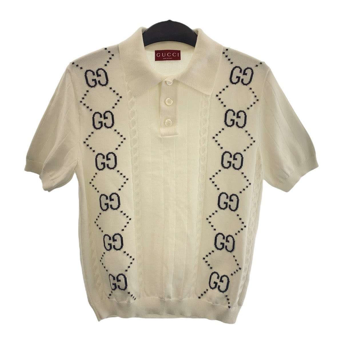 GUCCI Short sleeve polo shirt cotton White black GG intarsia mens S
