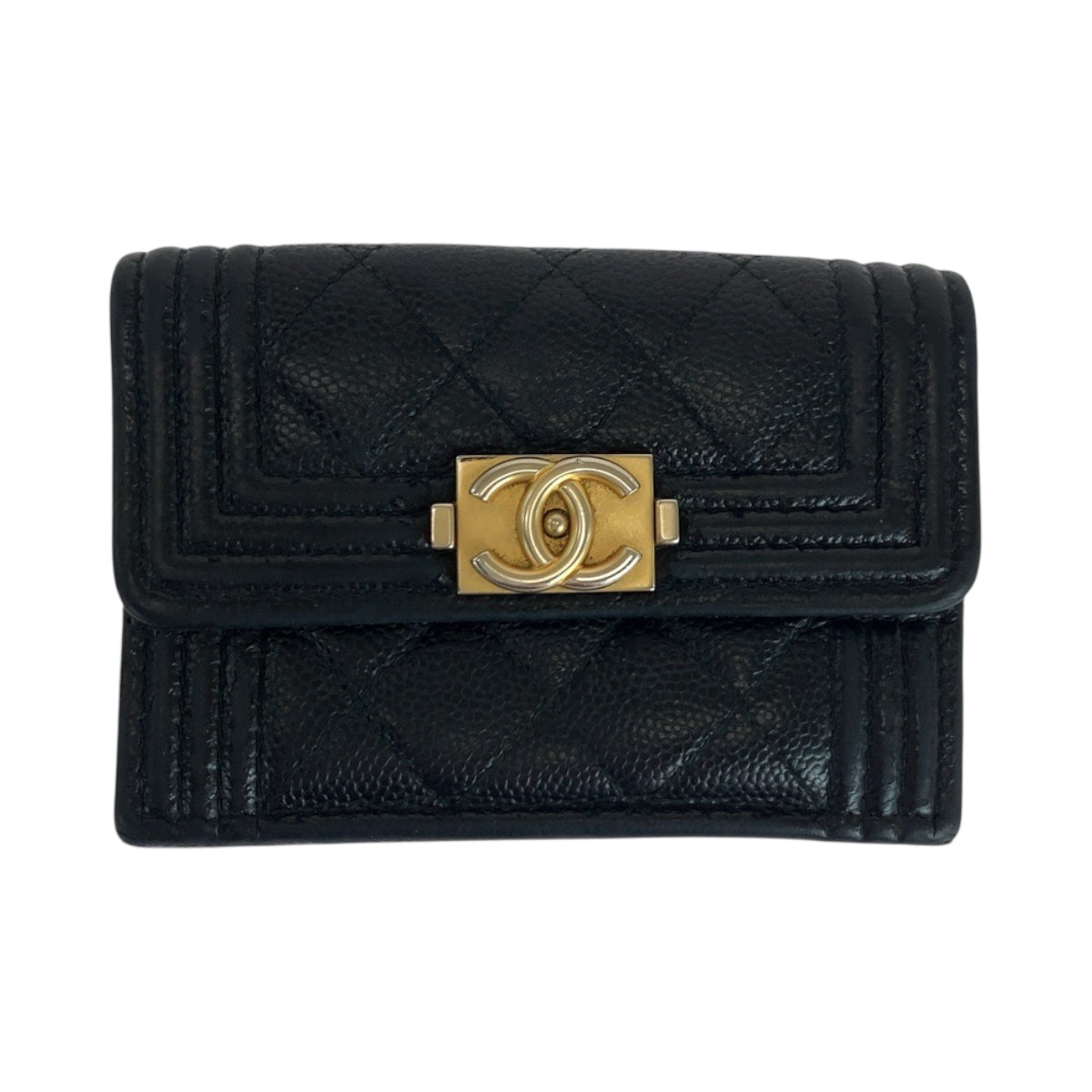 CHANEL Tri-fold wallet Caviar skin Black GoldMetal Folding wallet Compact wallet Boy Chanel Small Flap COCO Mark Women