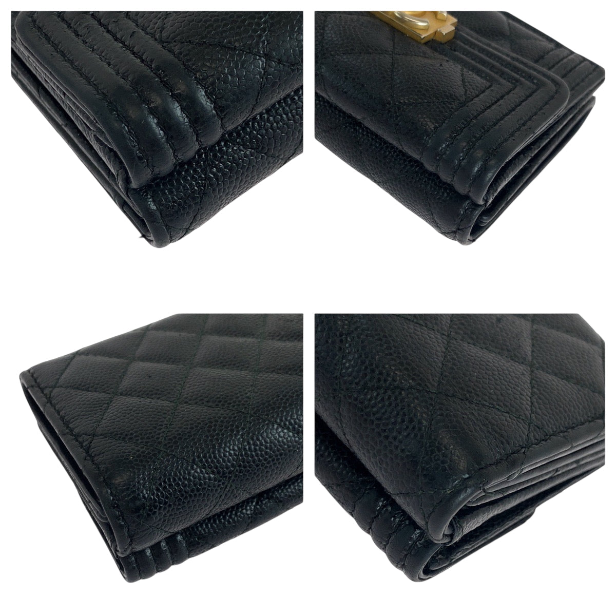 CHANEL Tri-fold wallet Caviar skin Black GoldMetal Folding wallet Compact wallet Boy Chanel Small Flap COCO Mark Women