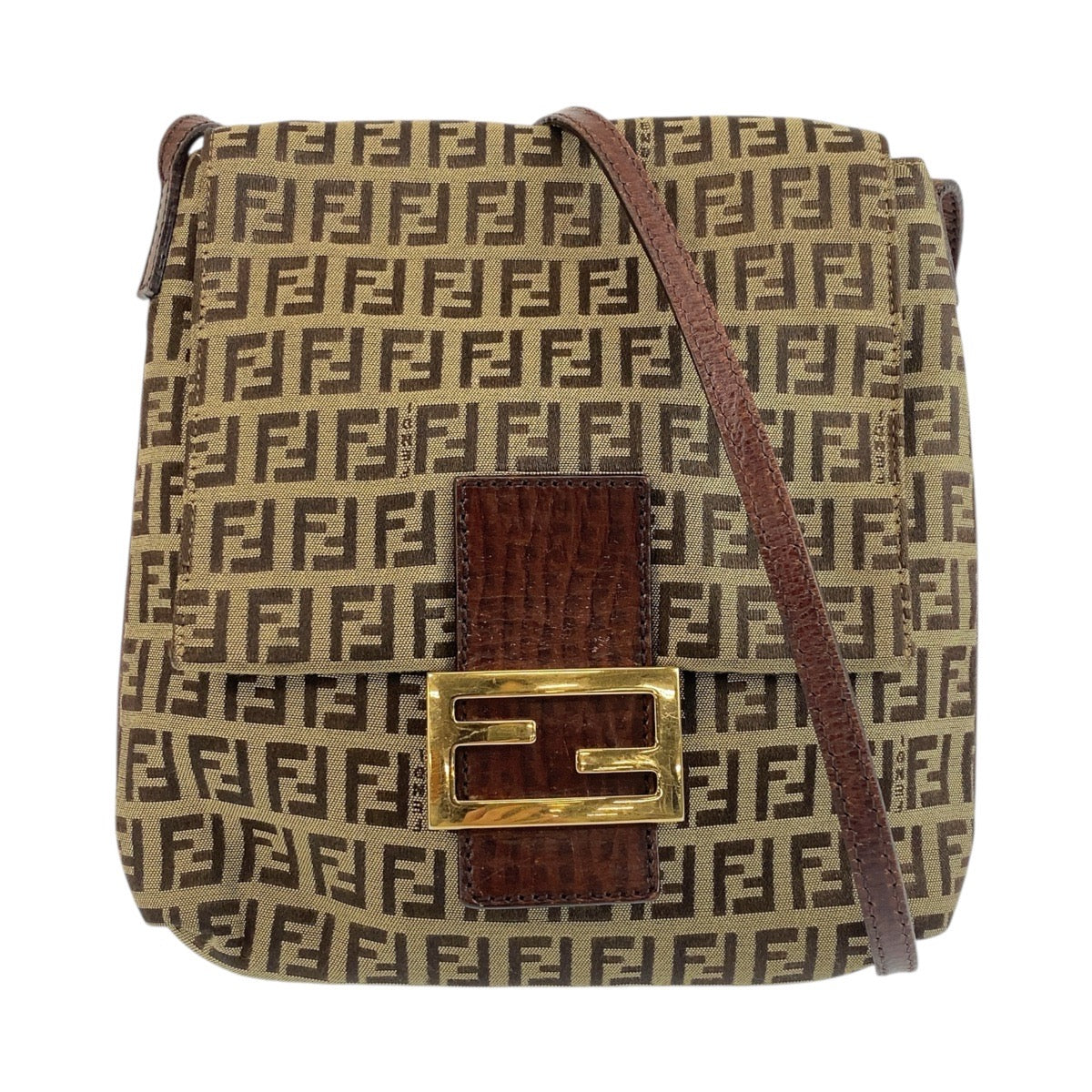 FENDI Shoulder Bag 8BT075 canvas Beige Brown Gold Metal Zucchino