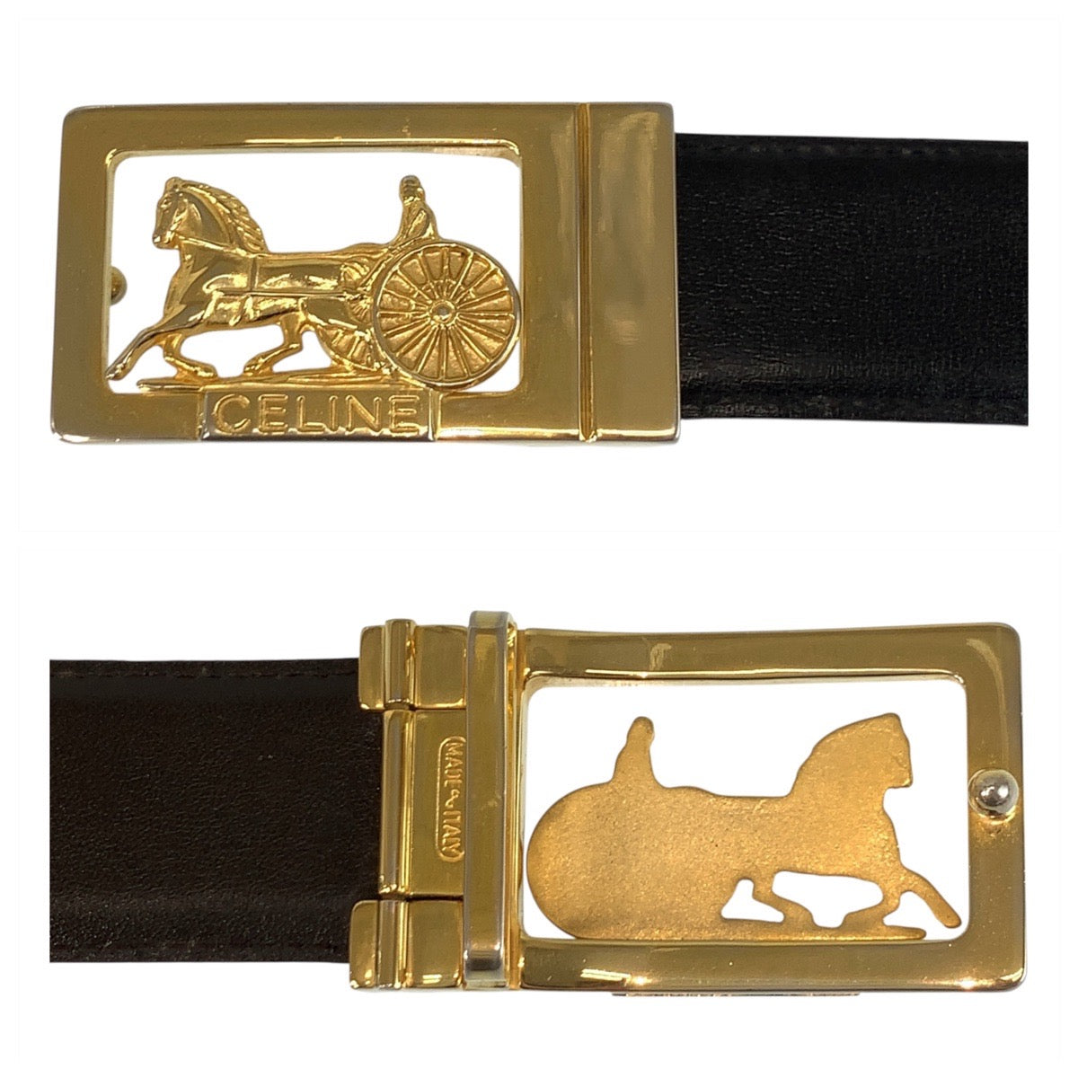CELINE belt leather black Carriage Metal