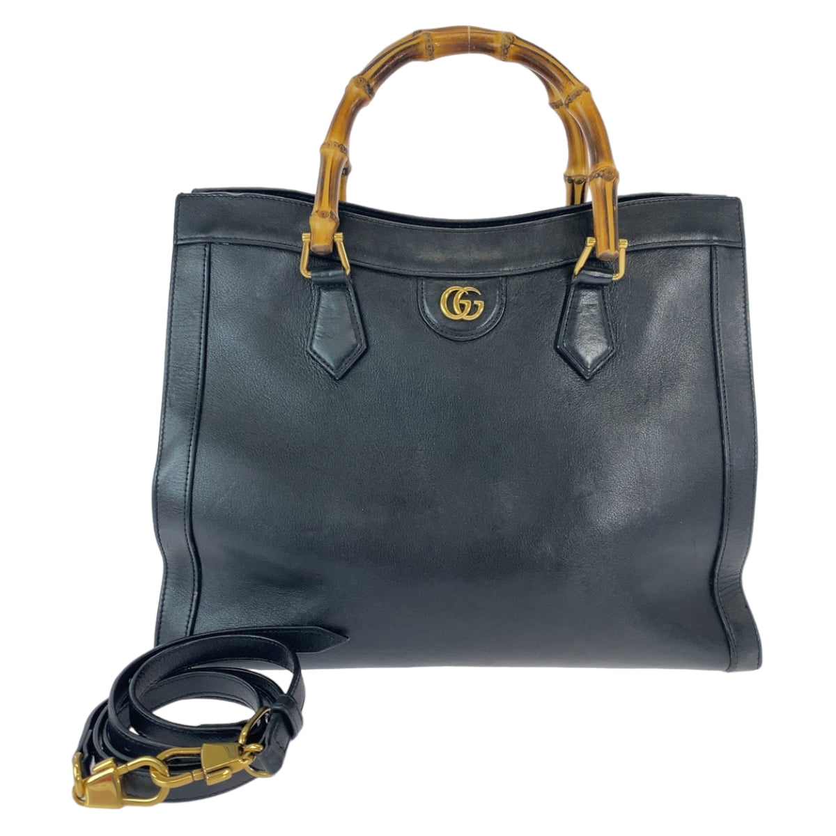 GUCCI Tote Bag 655658 leather Black Gold Metal Bamboo Diana