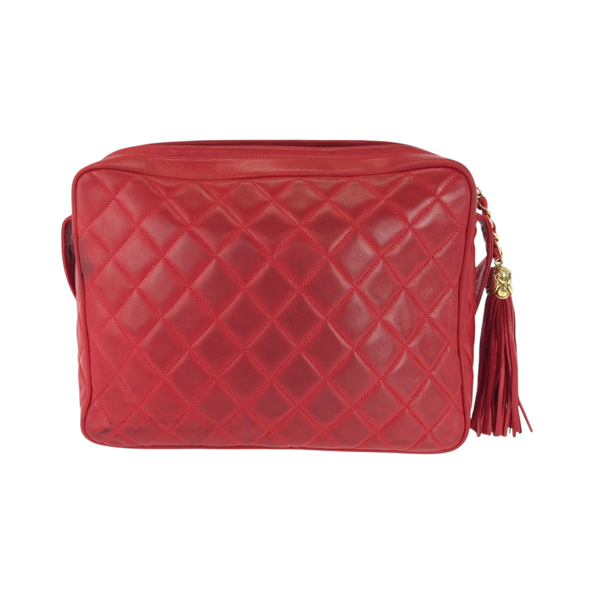 CHANEL Shoulder Bag lambskin Red Gold Metal Matrasse COCO Mark Tassel Fringe