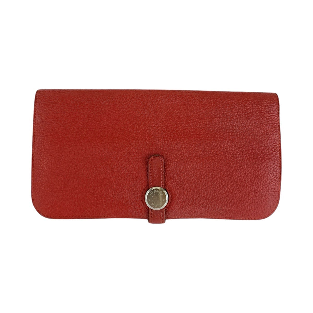 HERMES Long Wallet Purse Togo Rouge Grenat Red Silver Metal Dogon Long