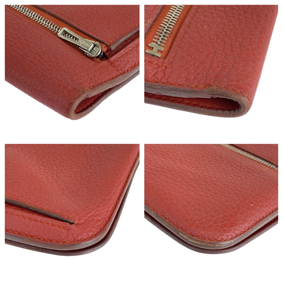 HERMES Long Wallet Purse Togo Rouge Grenat Red Silver Metal Dogon Long
