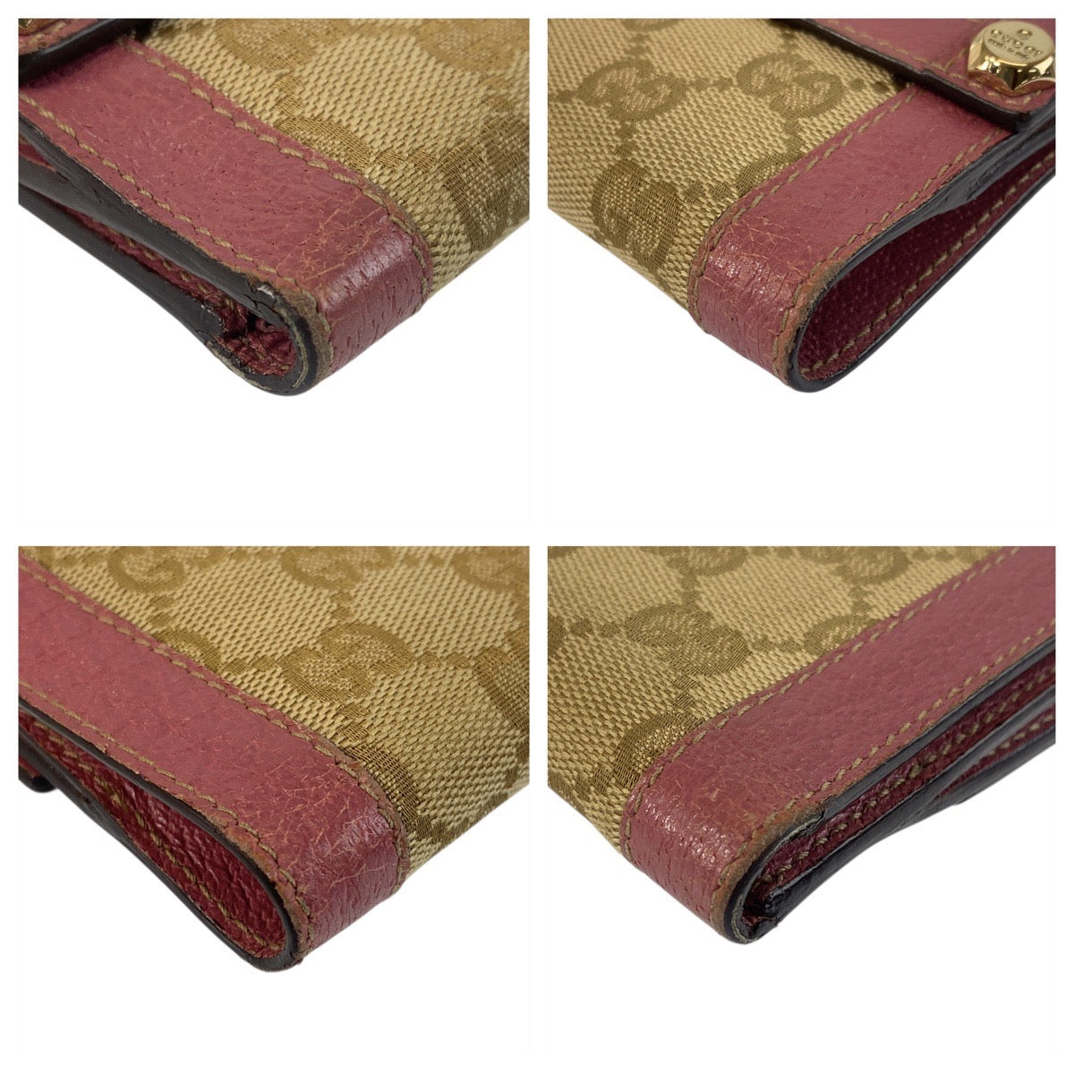 GUCCI Bifold Wallet 154117 GG canvas Beige Pink Gold Metal