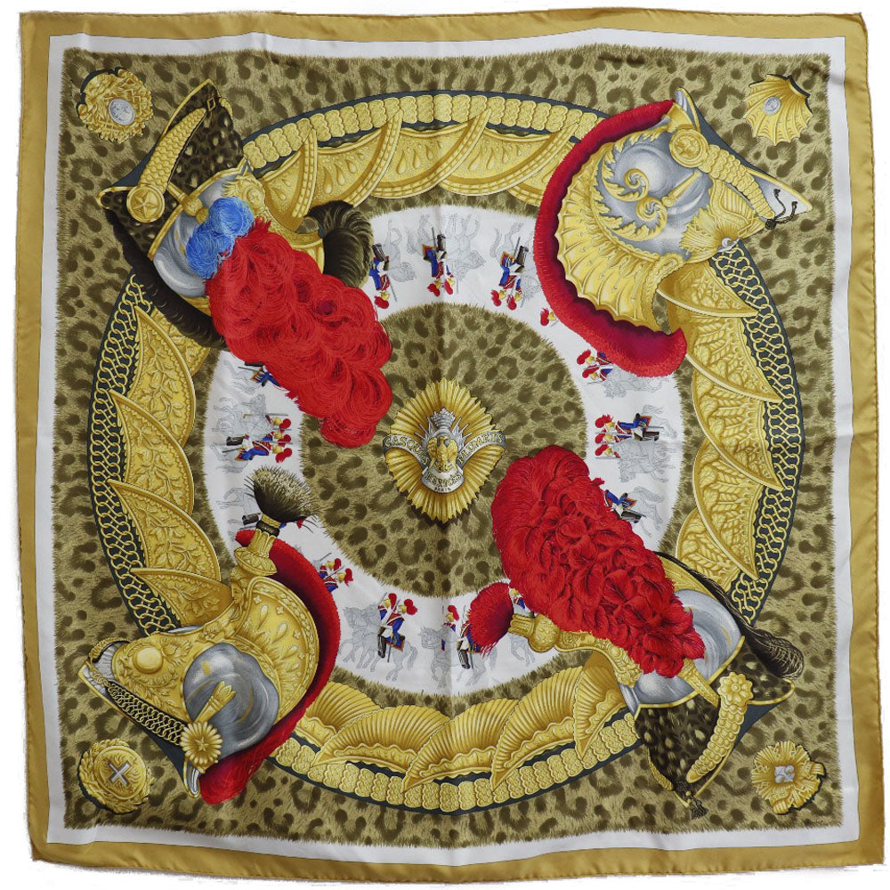 HERMES scarf silk yellow helmet and feather CASQUES et PLUMETS Carre90 Women
