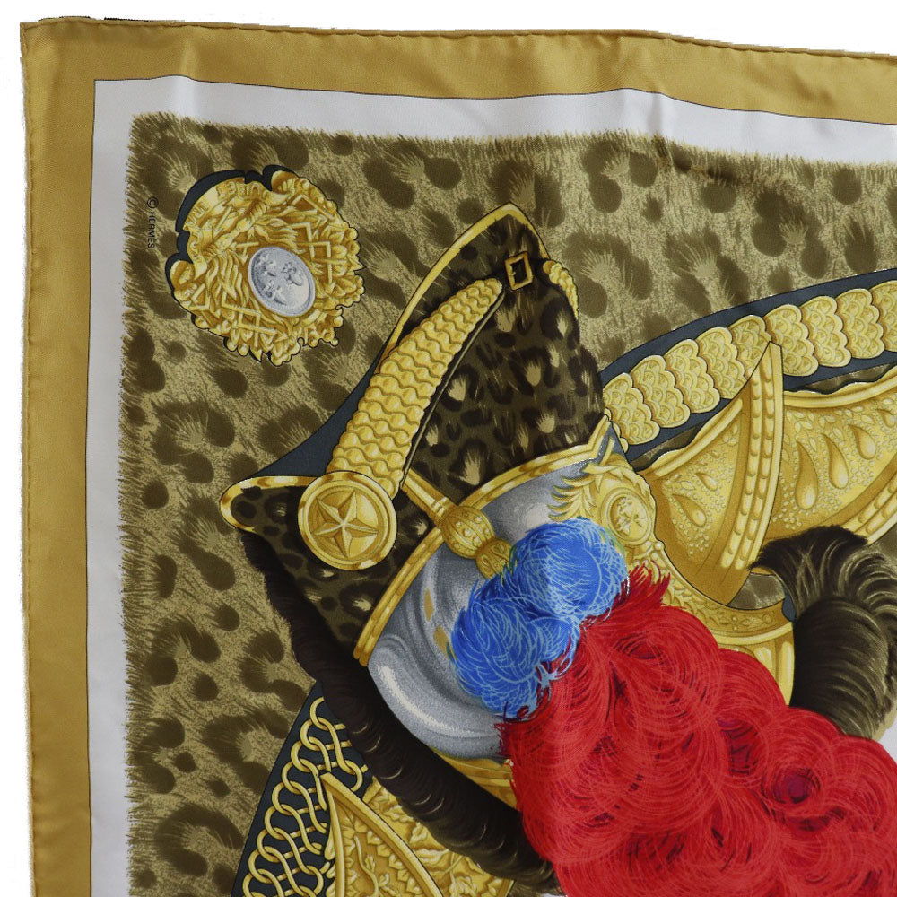 HERMES scarf silk yellow helmet and feather CASQUES et PLUMETS Carre90 Women