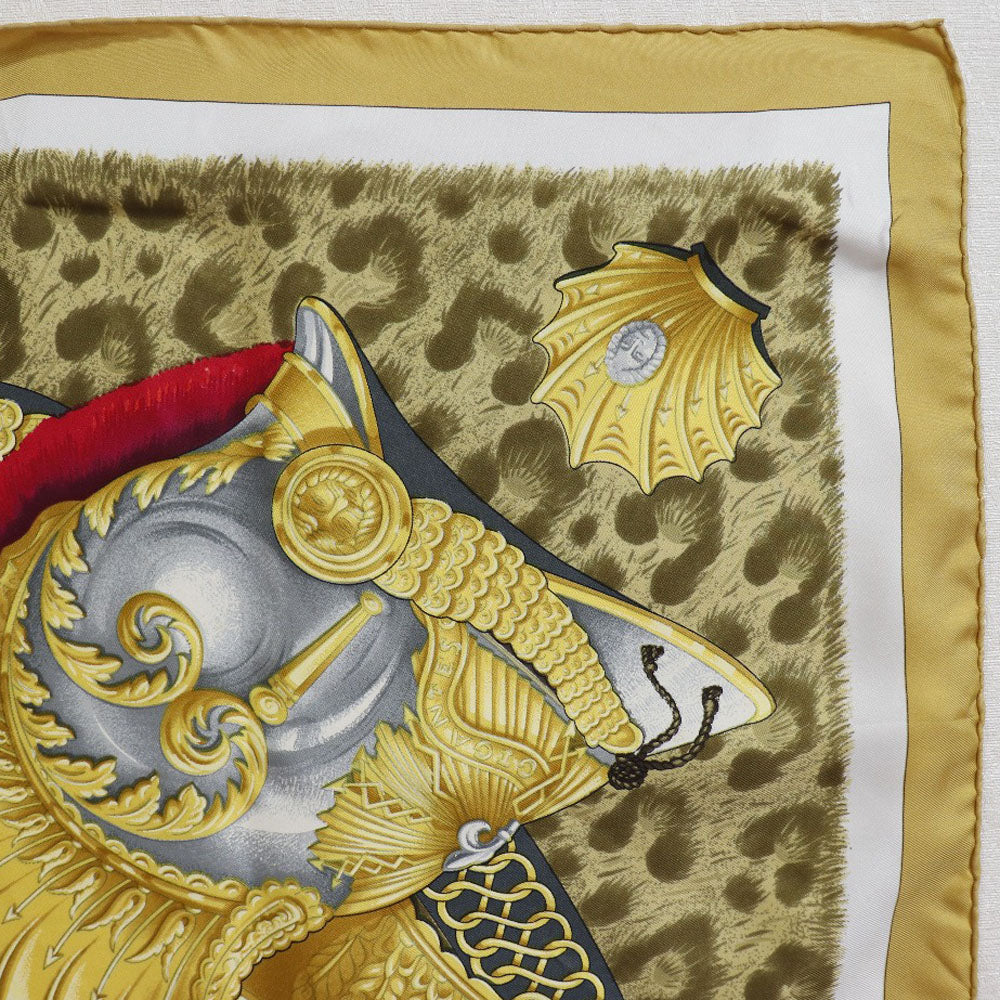 HERMES scarf silk yellow helmet and feather CASQUES et PLUMETS Carre90 Women