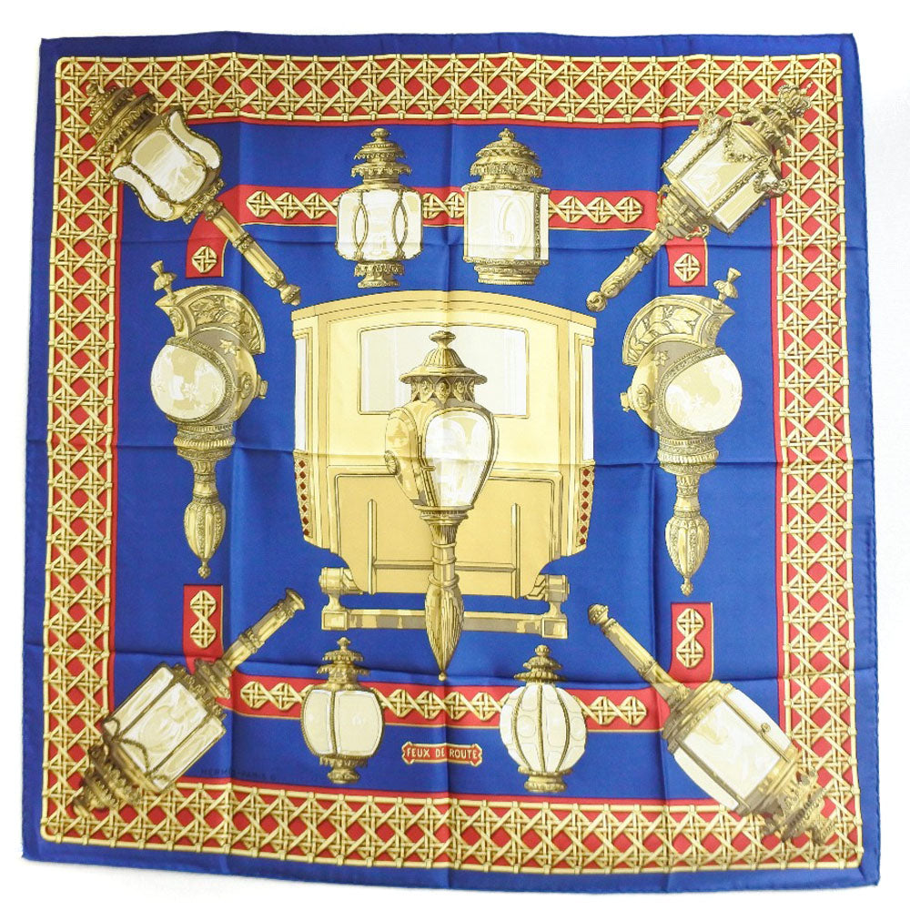 HERMES scarf silk Red / yellow / blue FEUX DE ROUTE Carre90 Women