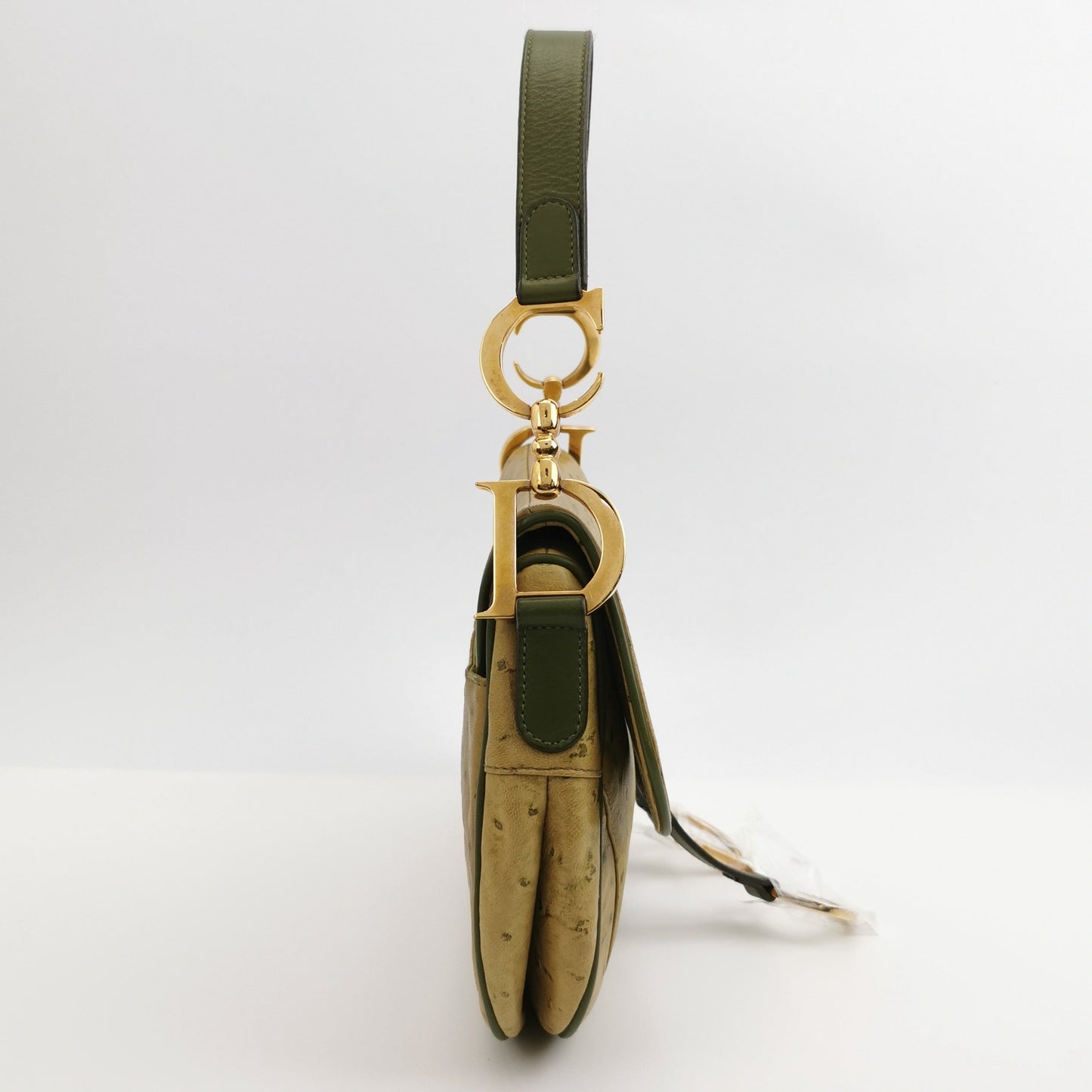 Dior Vintage Double Saddle Green Ostrich Leather Gold Hardware