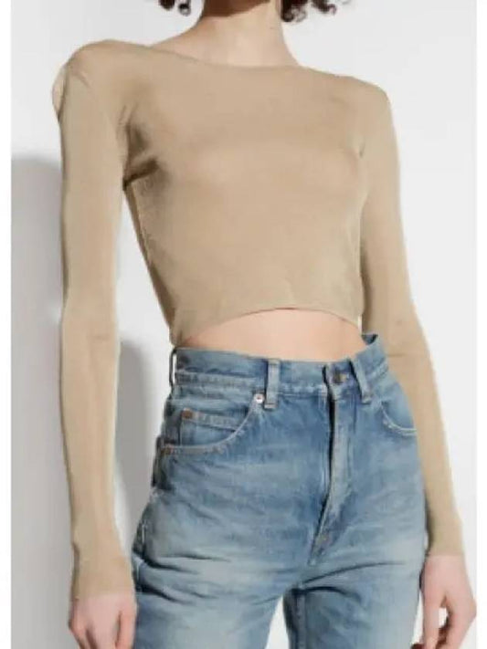 Luxury Saint Laurent Trending 2025 Rib Detail Viscose Crop Long Sleeve T-Shirt Beige