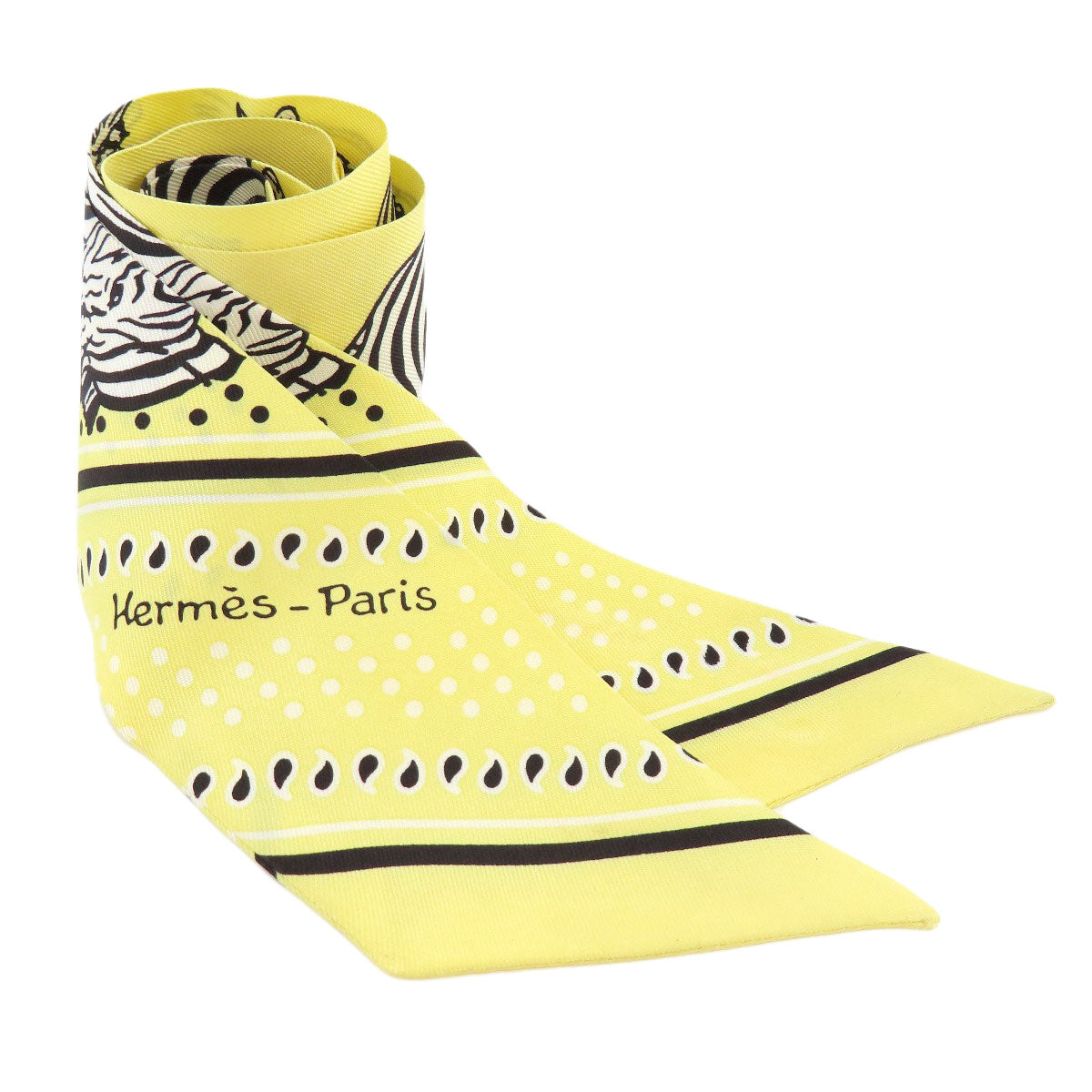 HERMES scarf silk yellow Twilly zebra motif Women