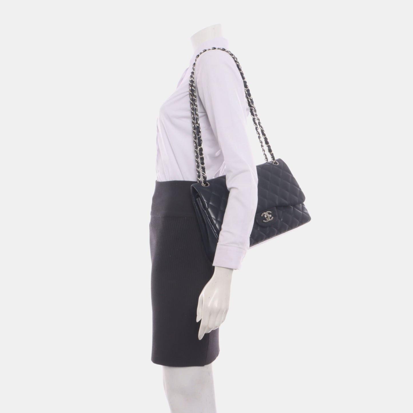 Chanel Classic Flap Jumbo Midnight Navy Caviar Leather Double Flap Silver Hardware