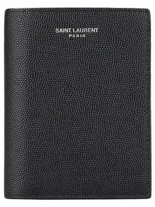 Luxury Saint Laurent Trending 2025 Logo Grain Leather Half Wallet Black