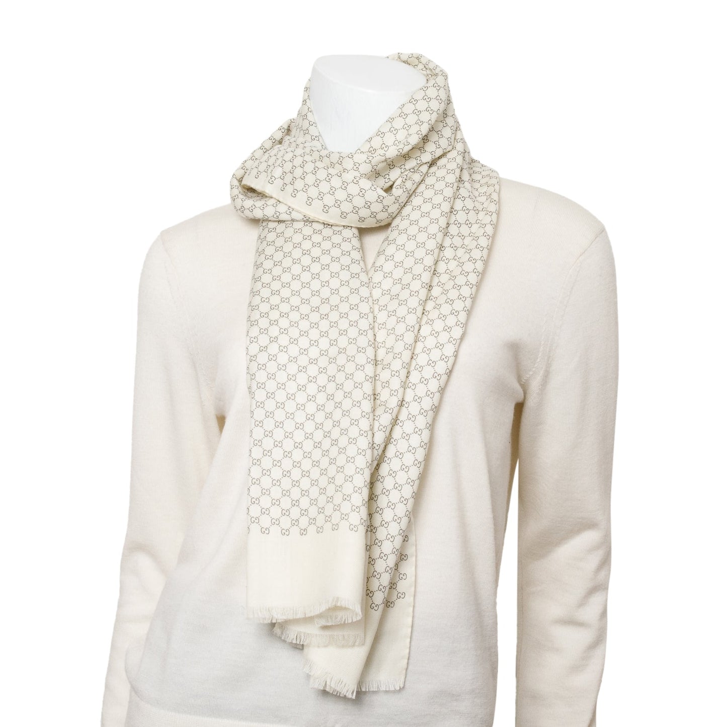 Gucci White Micro GG Jacquard Wool Silk Scarf
