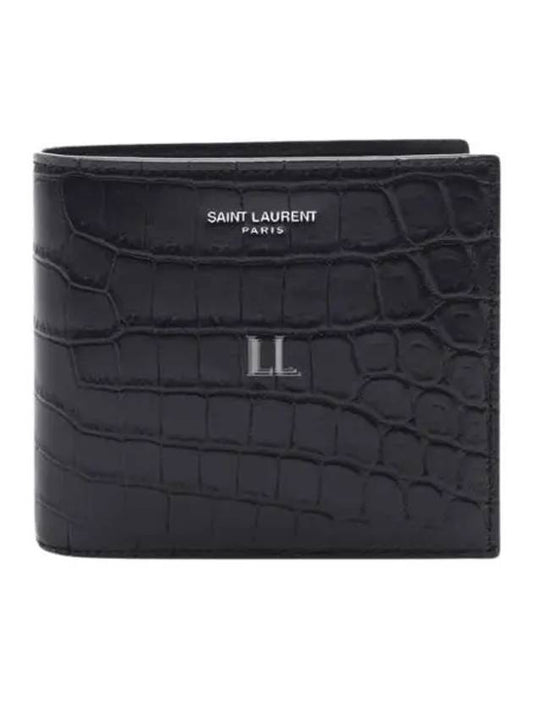 Luxury Saint Laurent Trending 2025 Crocodile Pattern Half Wallet Black