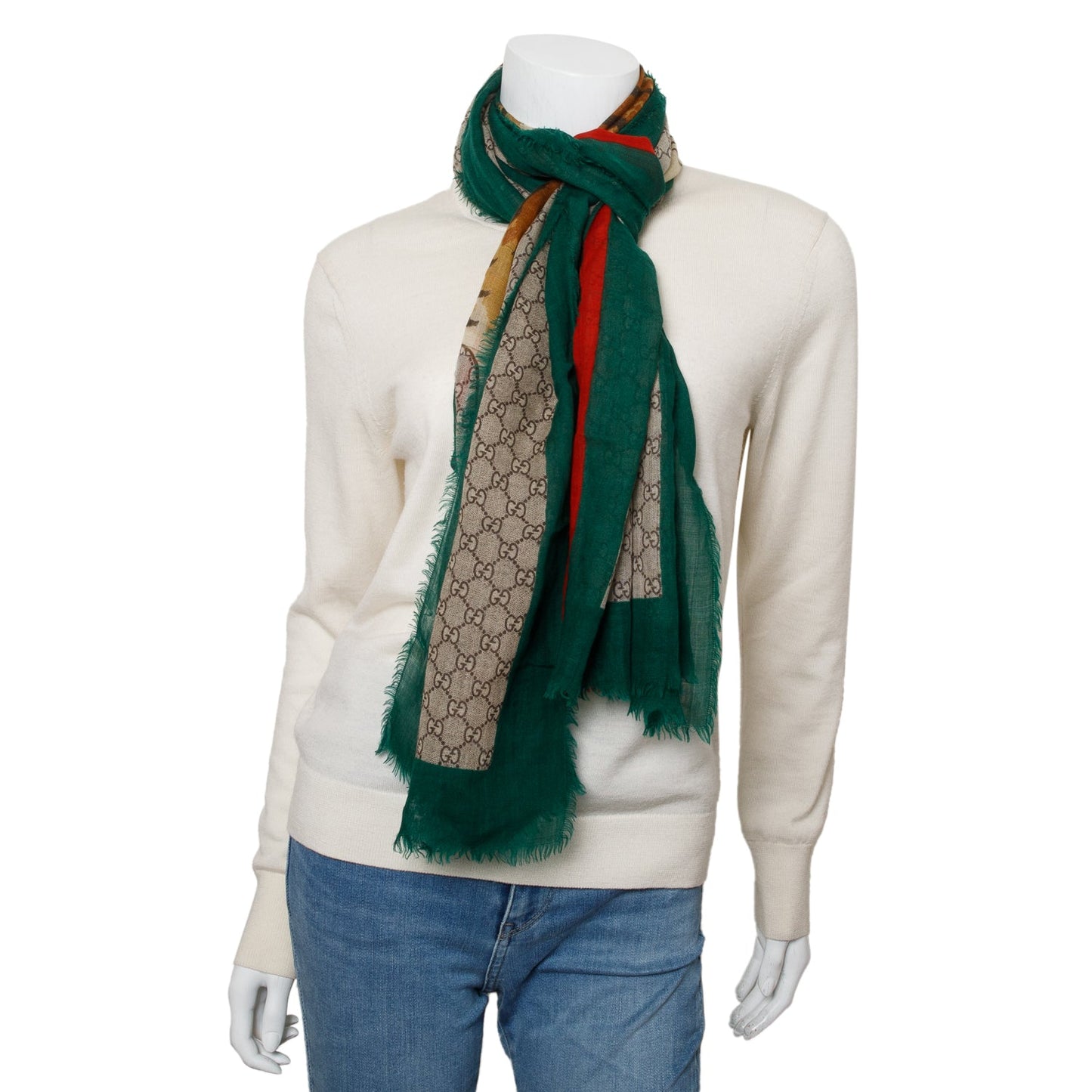 Gucci Beige/Green/Red GG Web Tiger Print Wool Scarf