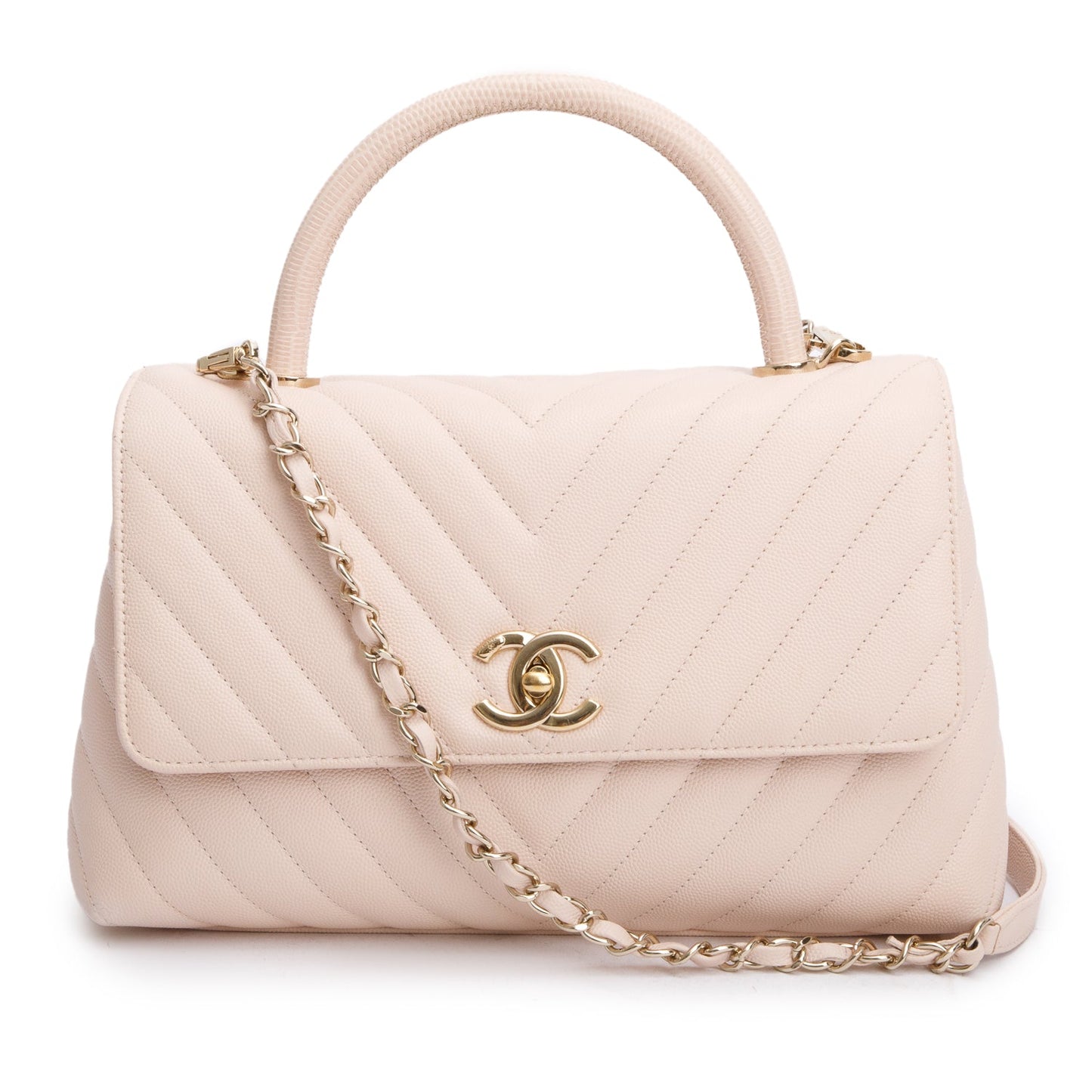 Chanel 2020 Pink Chevron Quilted Caviar Leather Medium Coco Handle Bag