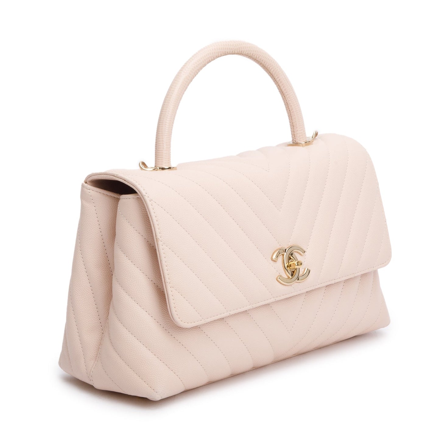 Chanel 2020 Pink Chevron Quilted Caviar Leather Medium Coco Handle Bag