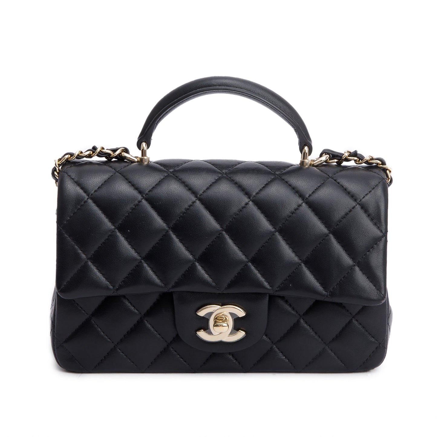 Chanel 2023 Black Quilted Lambskin Leather Mini Top Handle Rectangular Flap Bag