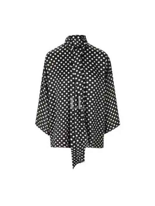 Luxury Saint Laurent Trending 2025 Polka Dot Bow Satin Blouse Black