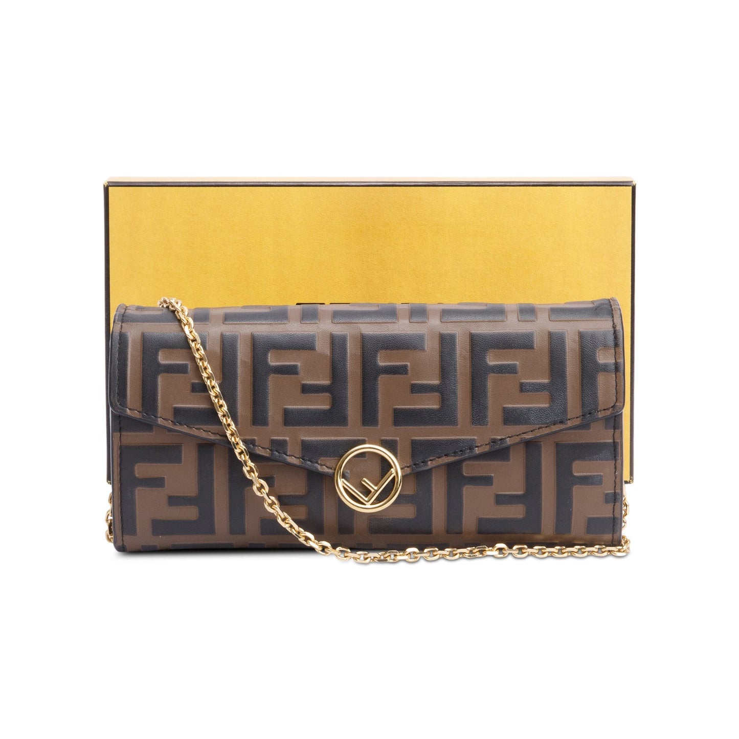 Fendi Brown FF Zucca Embossed Leather Continental Wallet on Chain