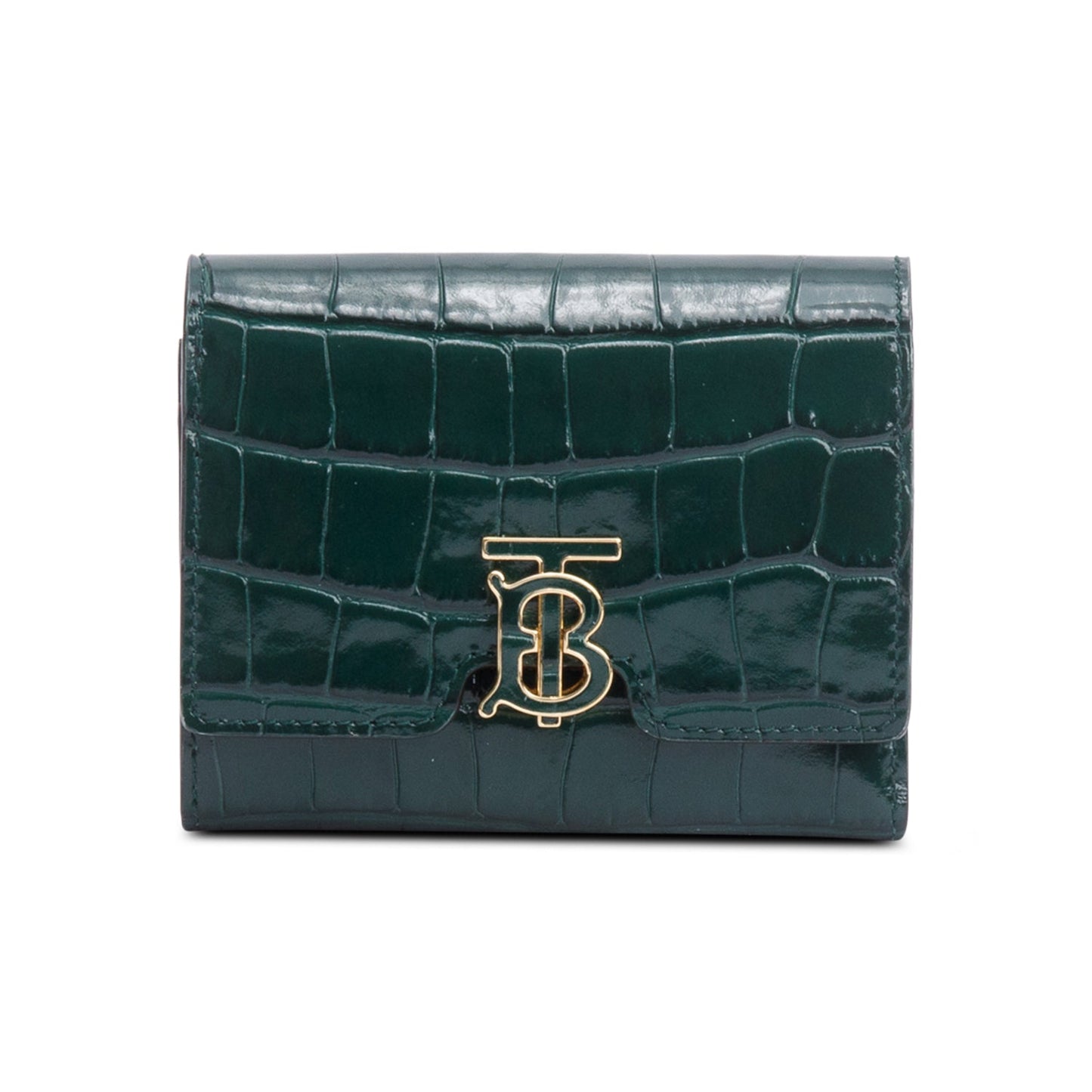 Burberry Green Croc-Embossed Leather TB Compact Wallet