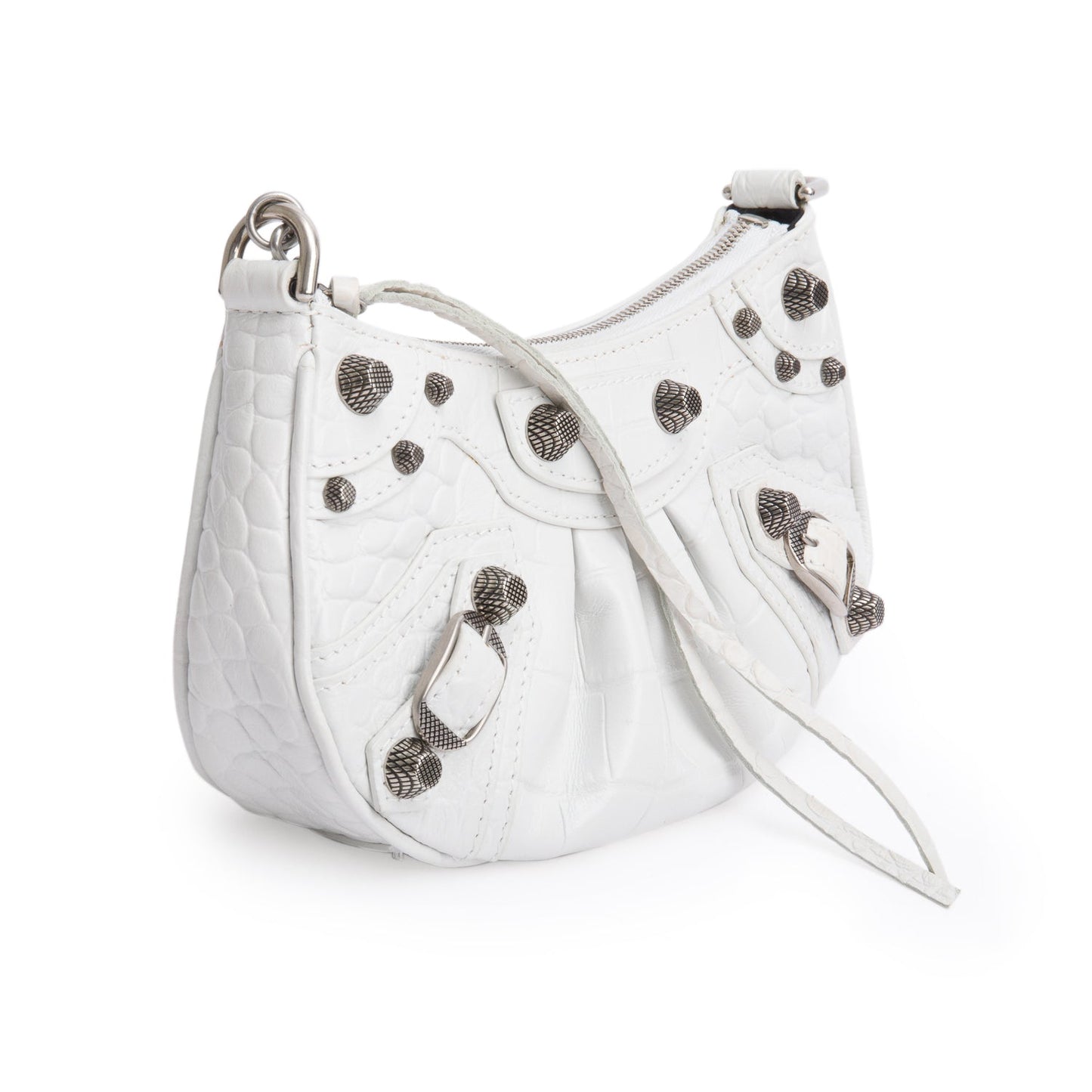 Balenciaga White Crocodile Embossed Leather Mini Le Cagole Crossbody with Chain