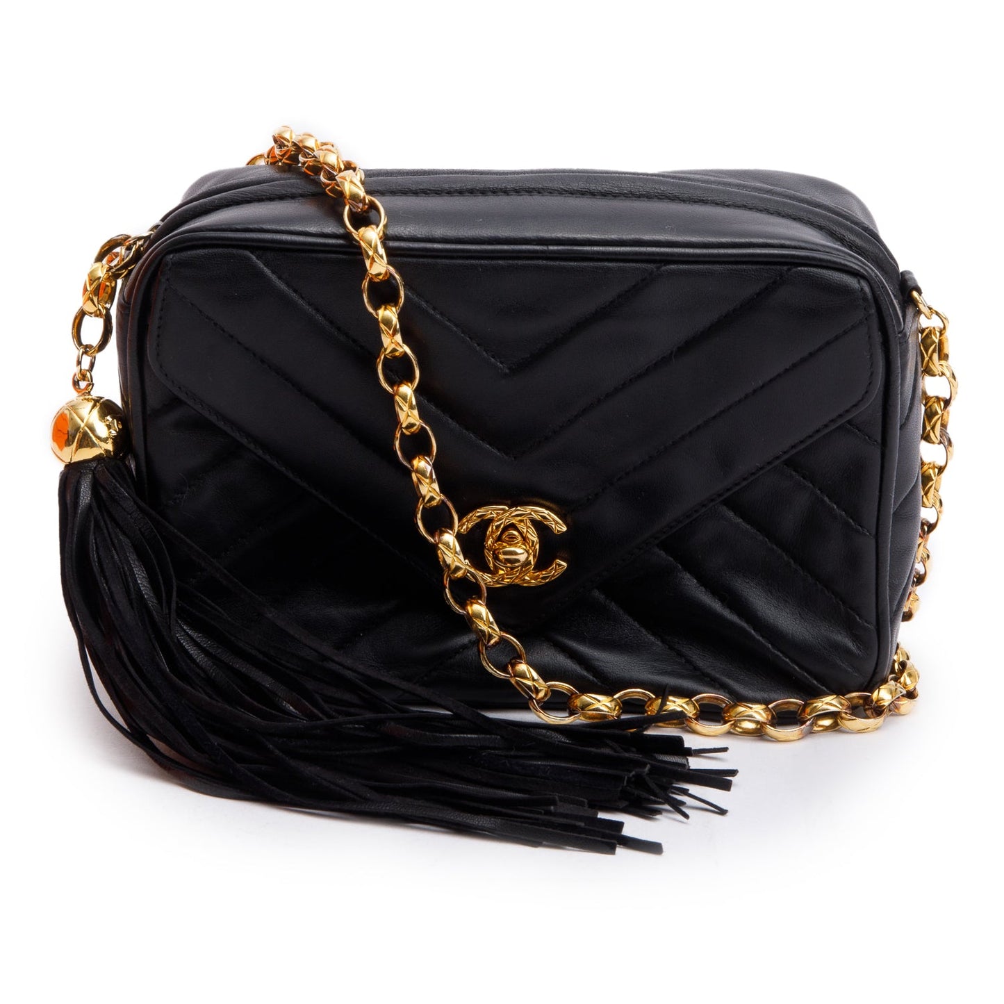 Chanel Vintage Black Chevron Lambskin Leather CC Tassel Bijoux Chain Camera Bag