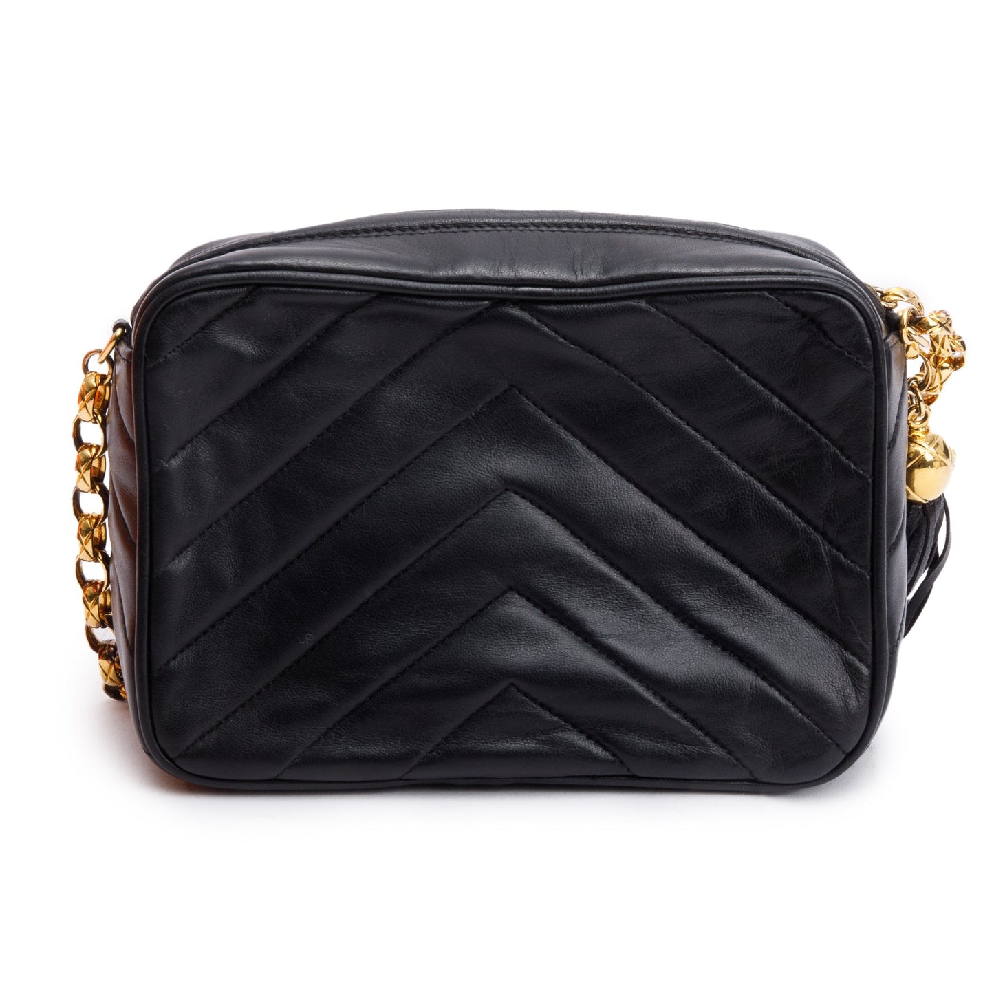 Chanel Vintage Black Chevron Lambskin Leather CC Tassel Bijoux Chain Camera Bag