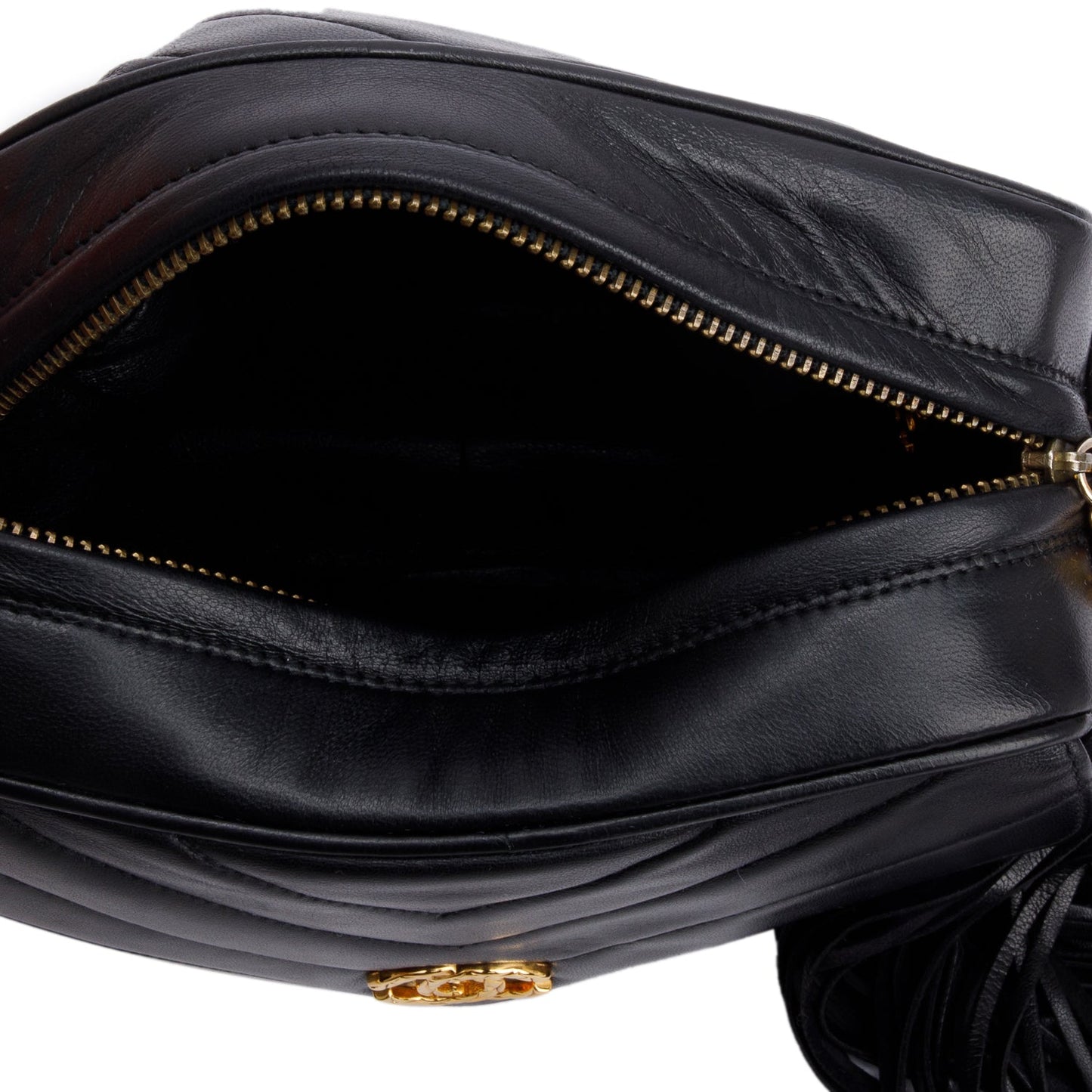 Chanel Vintage Black Chevron Lambskin Leather CC Tassel Bijoux Chain Camera Bag