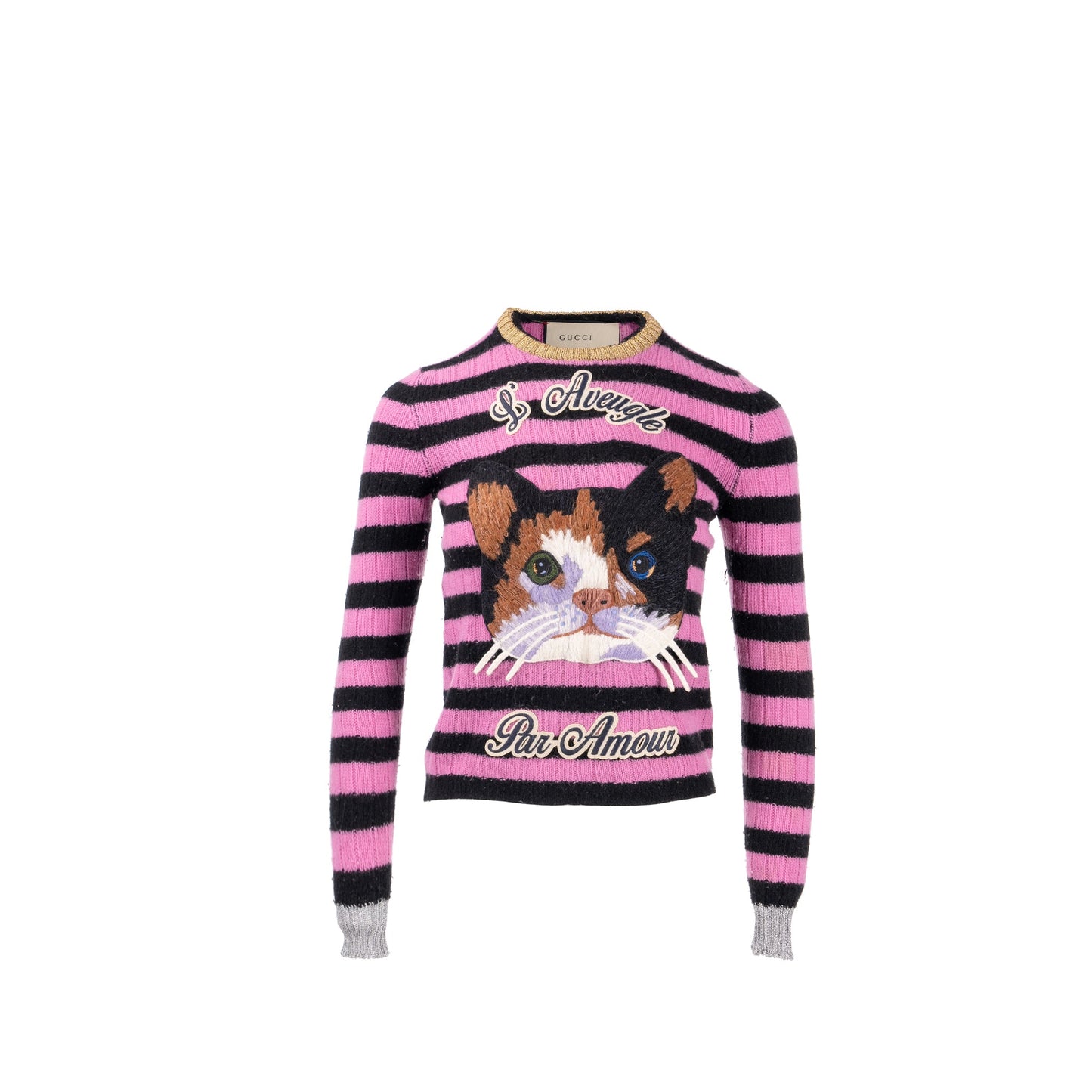 Gucci Size Cat Striped Sweater Cashmere/Wool Pink/Black/Multicolour