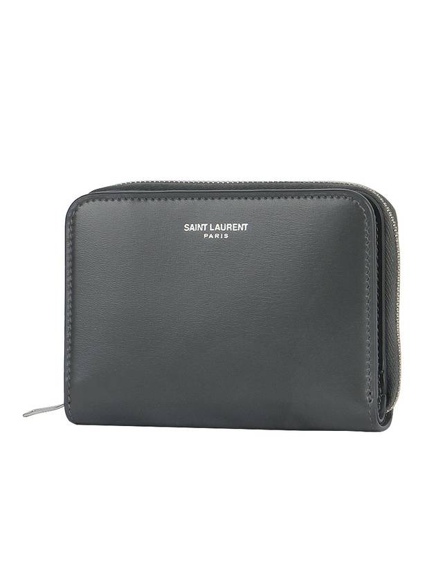 Luxury Saint Laurent Trending 2025 Women's Logo Zipper Compact Calfskin Half Wallet Grey