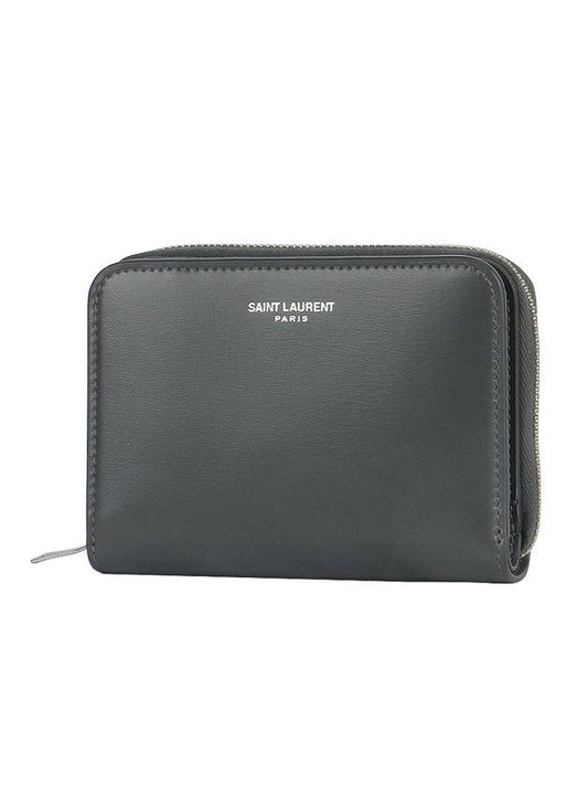 Luxury Saint Laurent Trending 2025 Women's Logo Zipper Compact Calfskin Half Wallet Grey