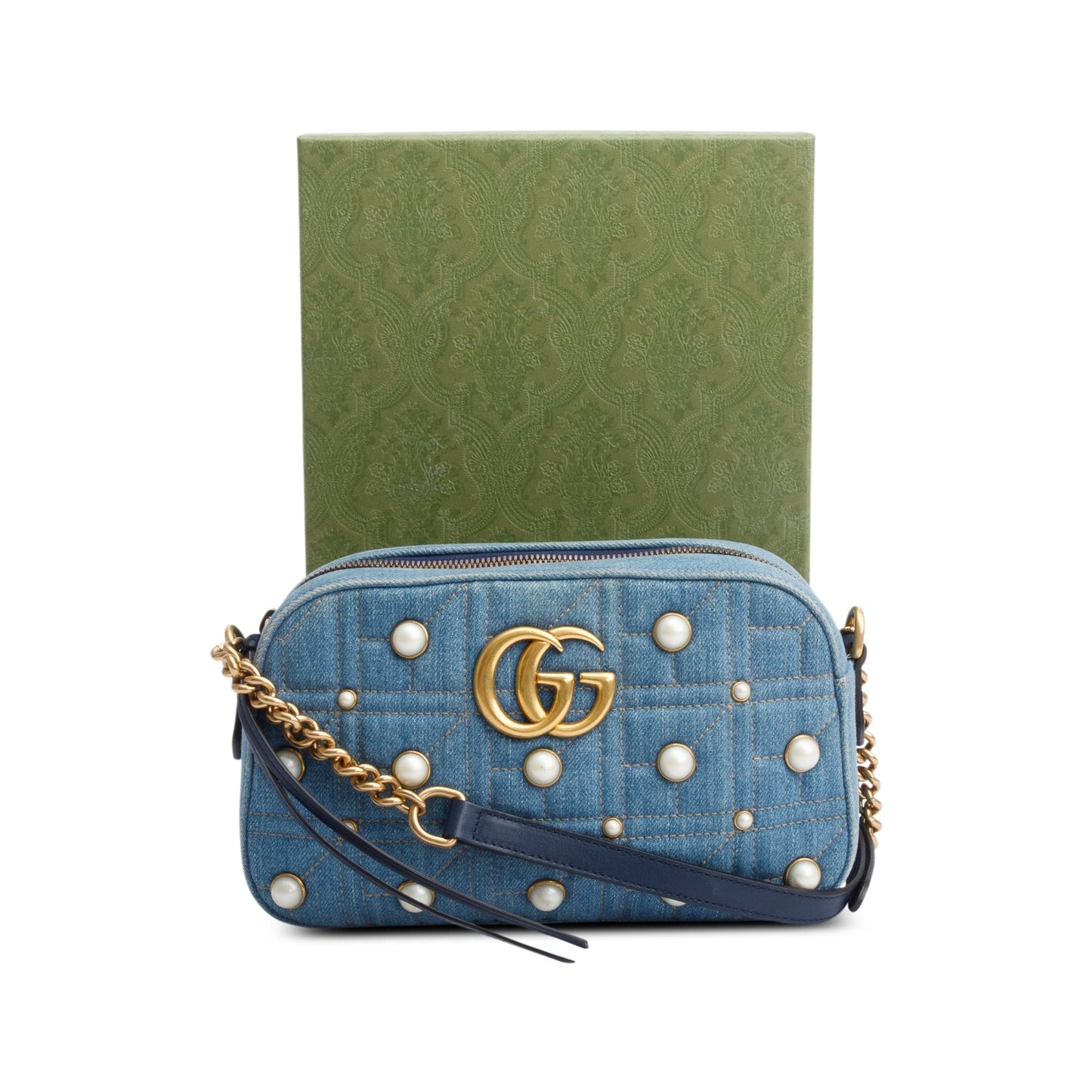 Gucci Blue Denim GG Marmont Pearly GG Small Shoulder Bag