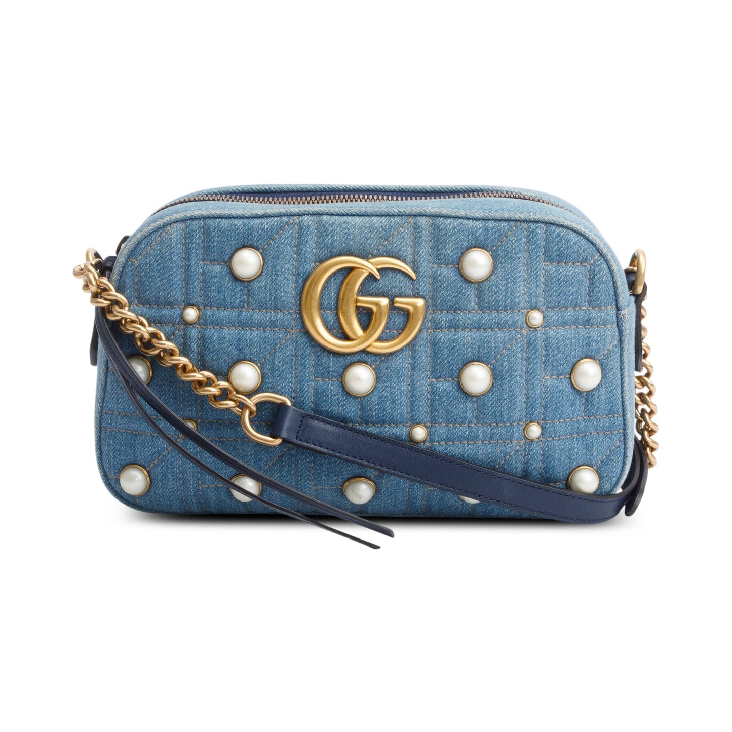 Gucci Blue Denim GG Marmont Pearly GG Small Shoulder Bag