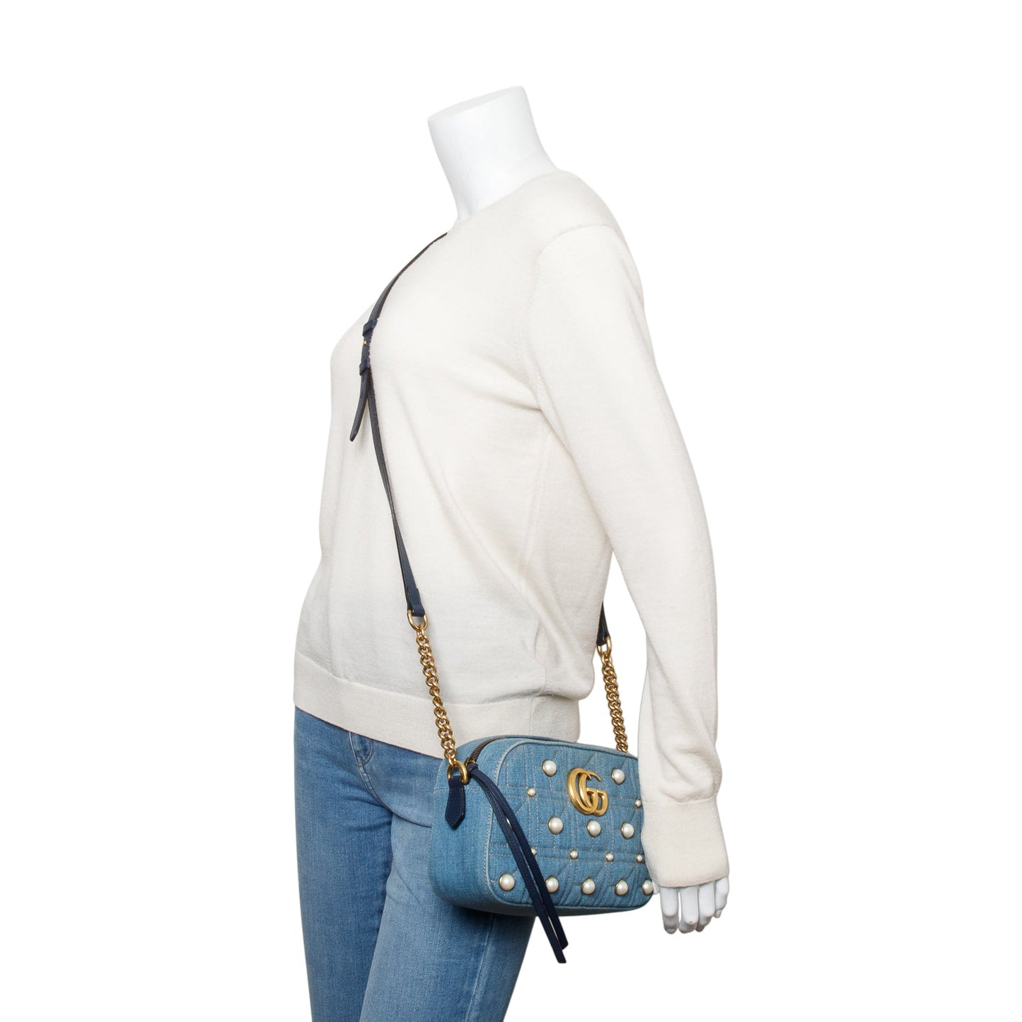 Gucci Blue Denim GG Marmont Pearly GG Small Shoulder Bag