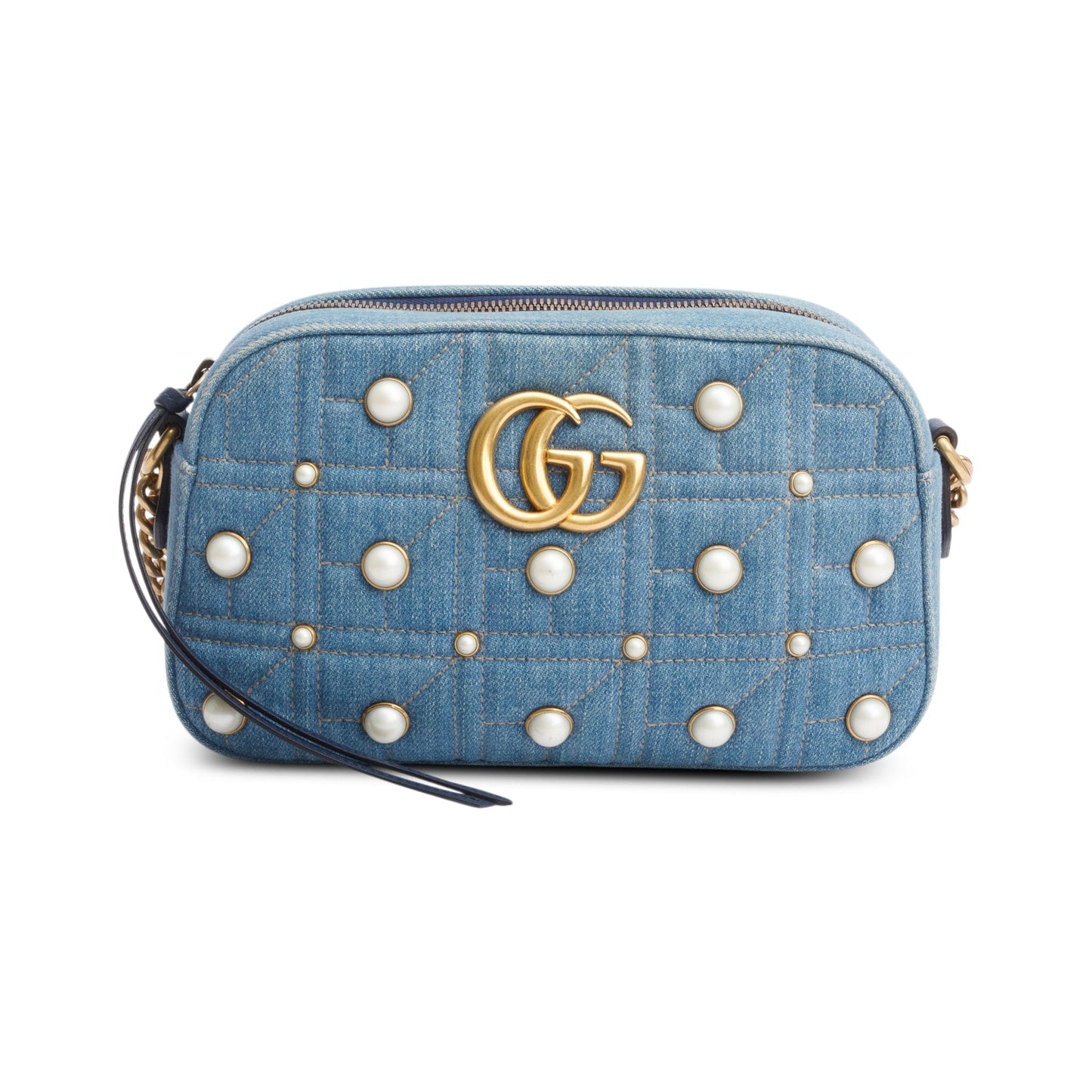 Gucci Blue Denim GG Marmont Pearly GG Small Shoulder Bag