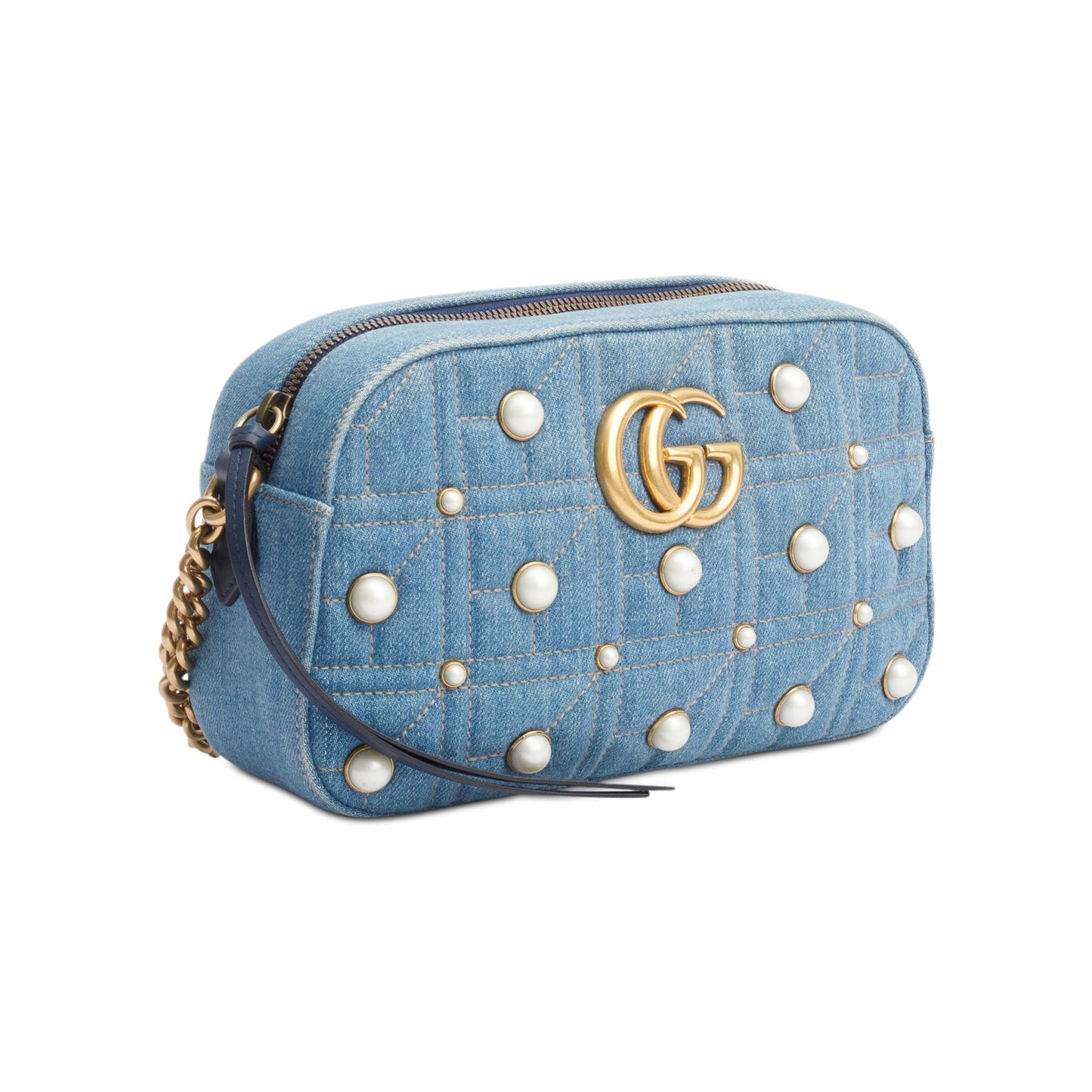 Gucci Blue Denim GG Marmont Pearly GG Small Shoulder Bag
