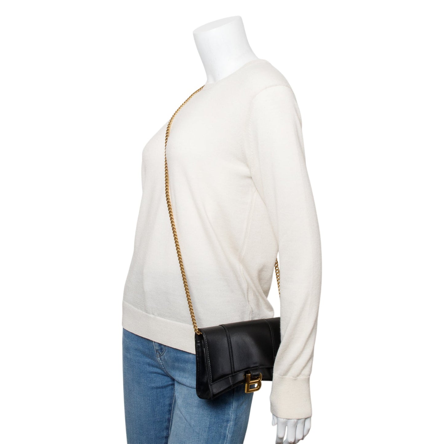 Balenciaga Black Smooth Leather Hourglass Wallet on Chain