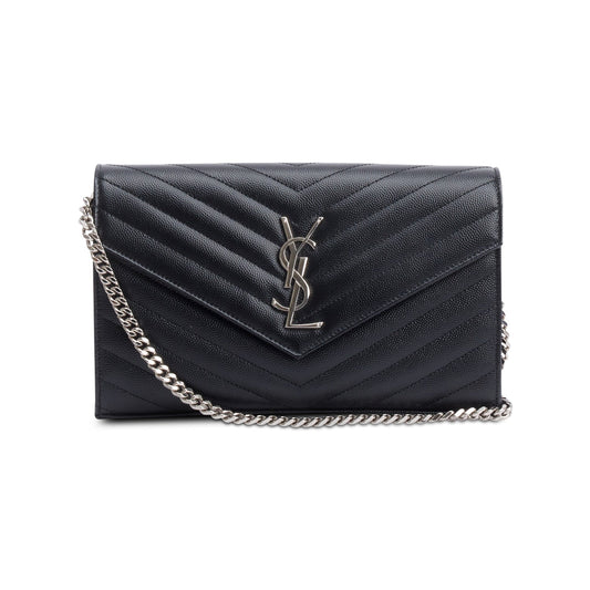 Saint Laurent 2022 Black Grain De Poudre Leather Cassandre Envelope Chain Wallet