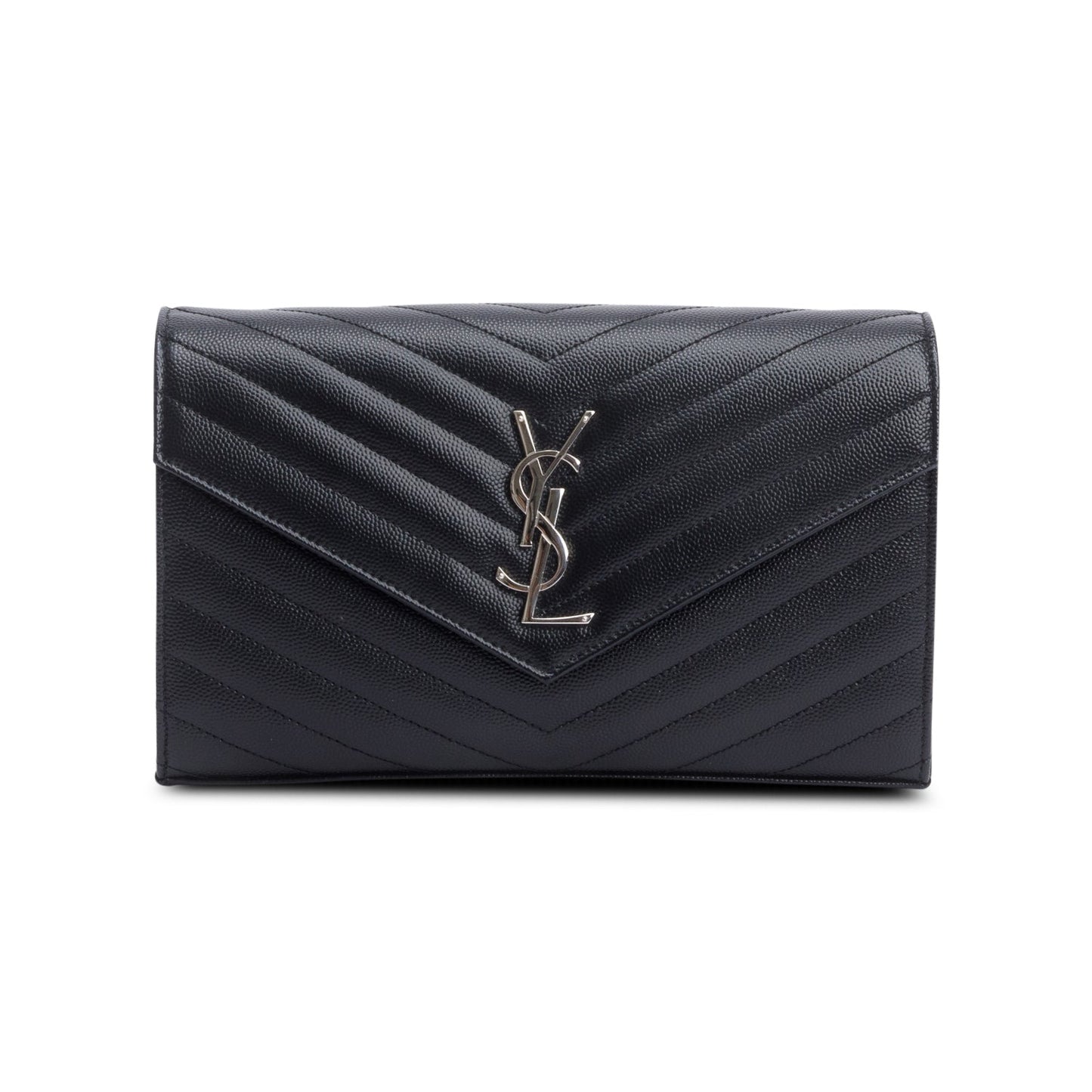 Saint Laurent 2022 Black Grain De Poudre Leather Cassandre Envelope Chain Wallet