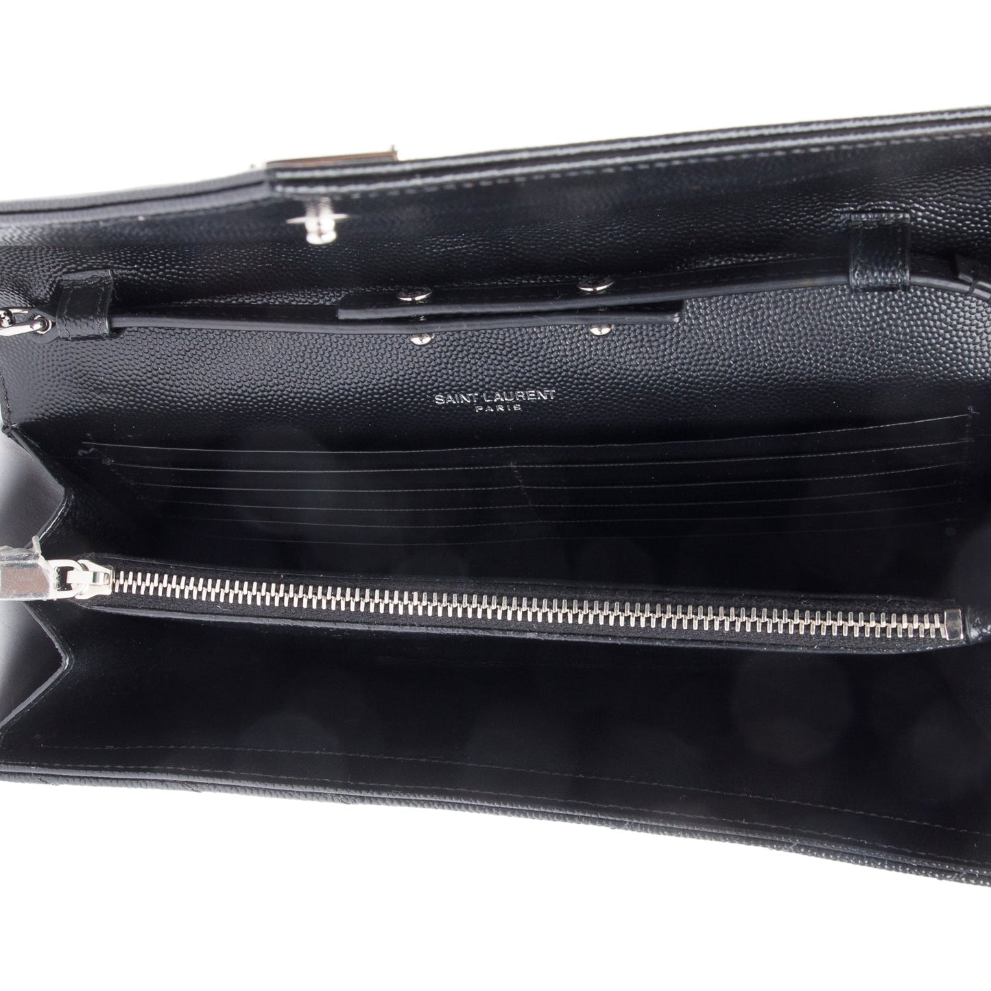 Saint Laurent 2022 Black Grain De Poudre Leather Cassandre Envelope Chain Wallet