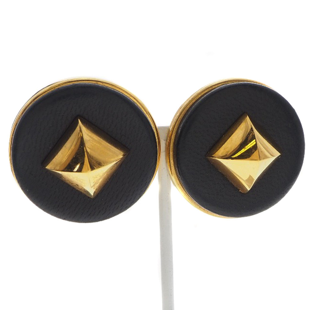 HERMES Earring Plated Gold , Leather gold Medor