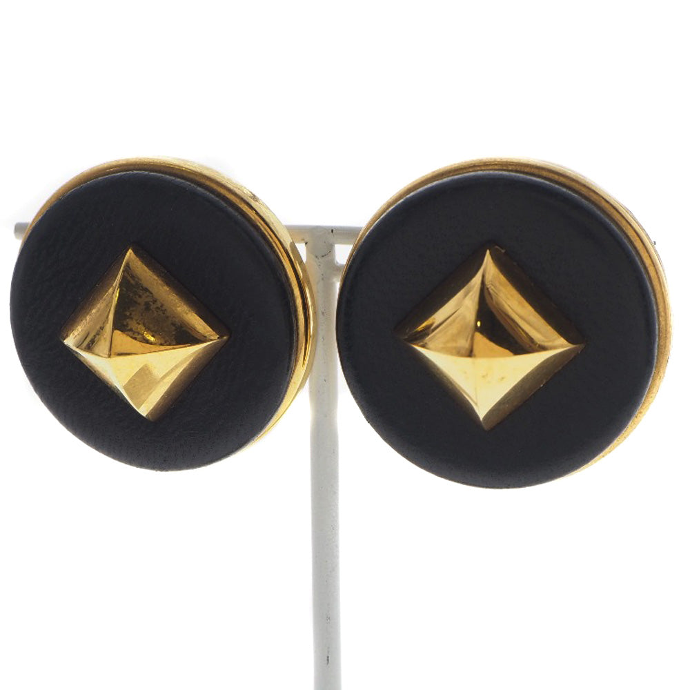 HERMES Earring Plated Gold , Leather gold Medor