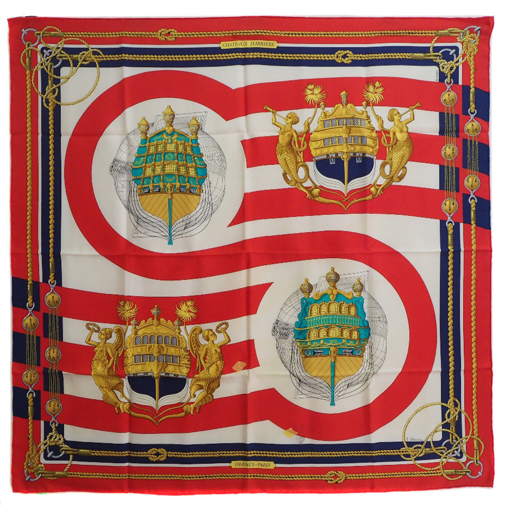 HERMES scarf silk Red stern decoration CHATEAUX D'ARRIERE Carre90 Women