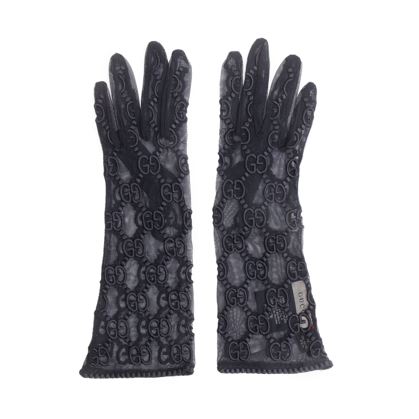 Gucci Black GG Embroidered Tulle Gloves, Size M