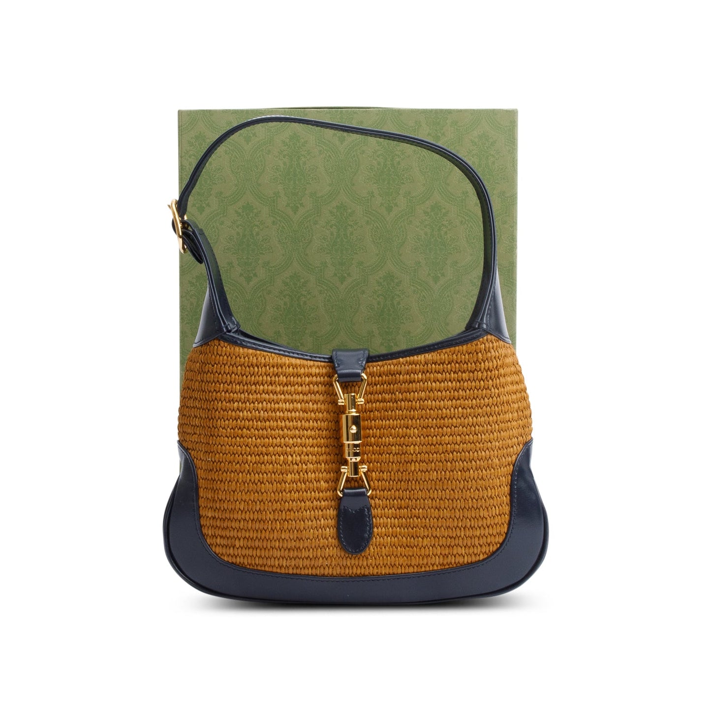 Gucci Neutral Raffia Black Leather Small Jackie 1961 Shoulder Bag